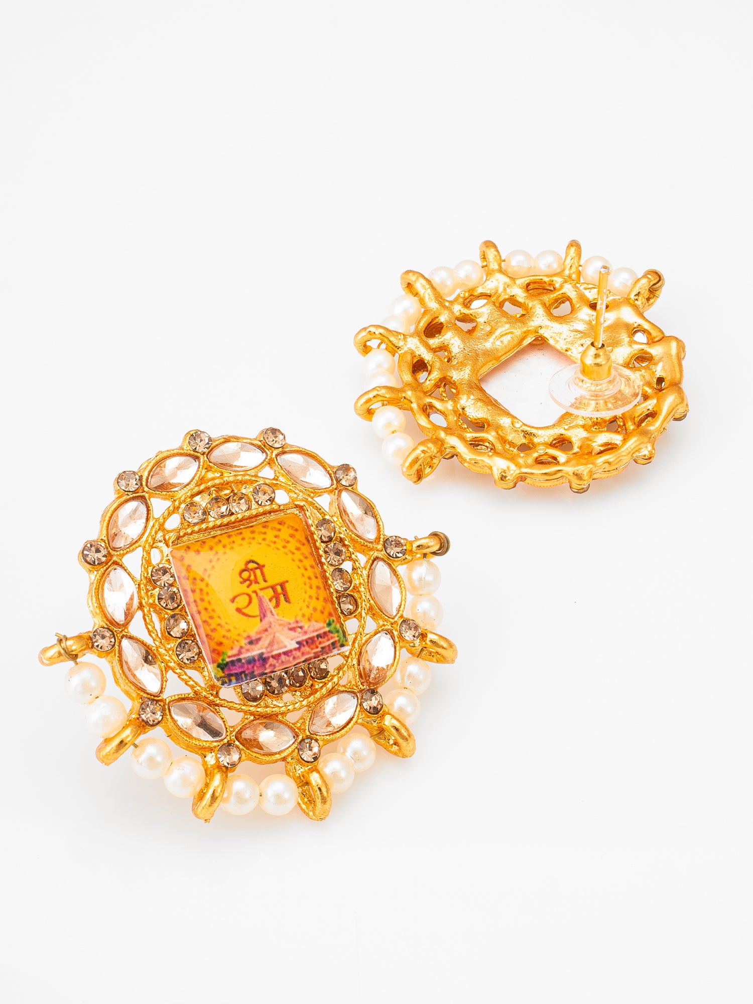 Gold Plated Shree Ram Temple Motif Kundan Stud Earrings – View 2 | Aadita Jewelry
