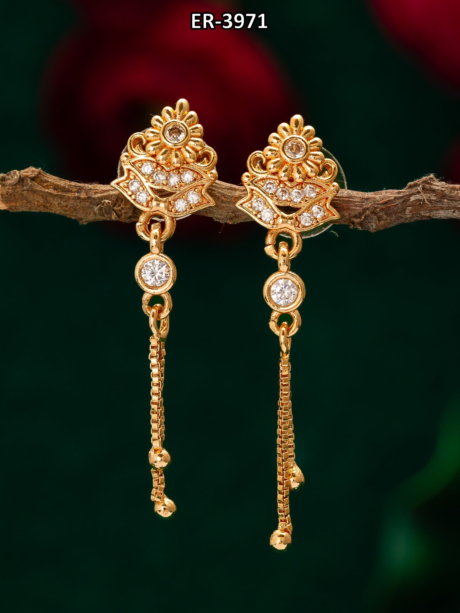 Traditional Drop Chain American Diamond Earrings – View 5 | Aadita Jewelry