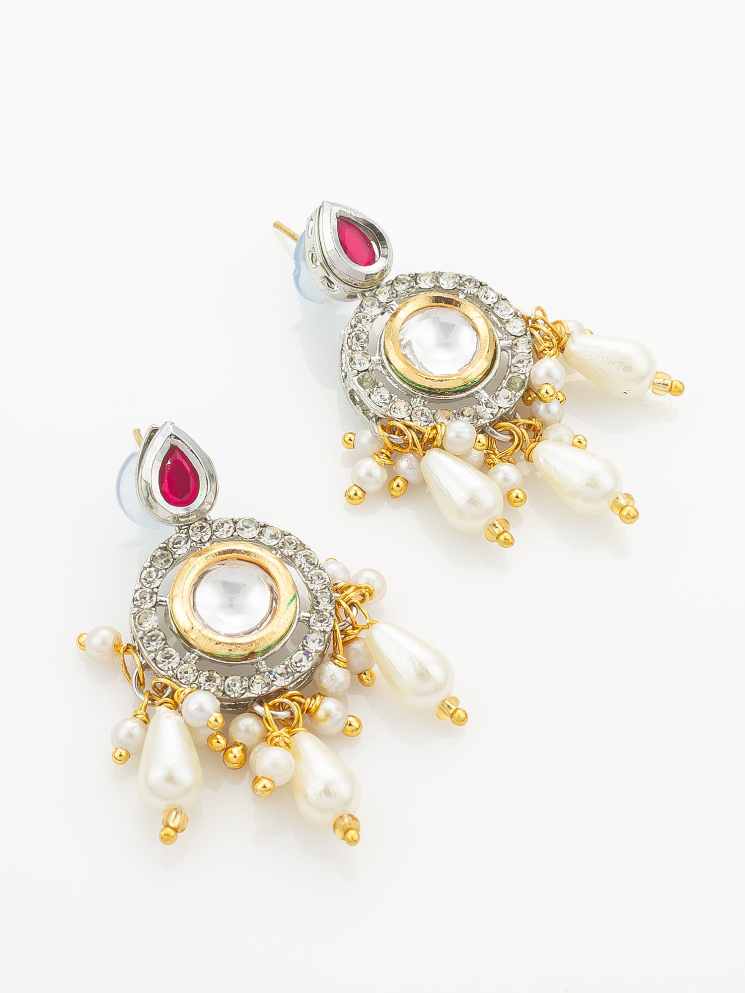 Aadita Kundan Long Necklace Set with Ruby-Tone Stones and Pearl Drops – View 2 | Aadita Jewelry