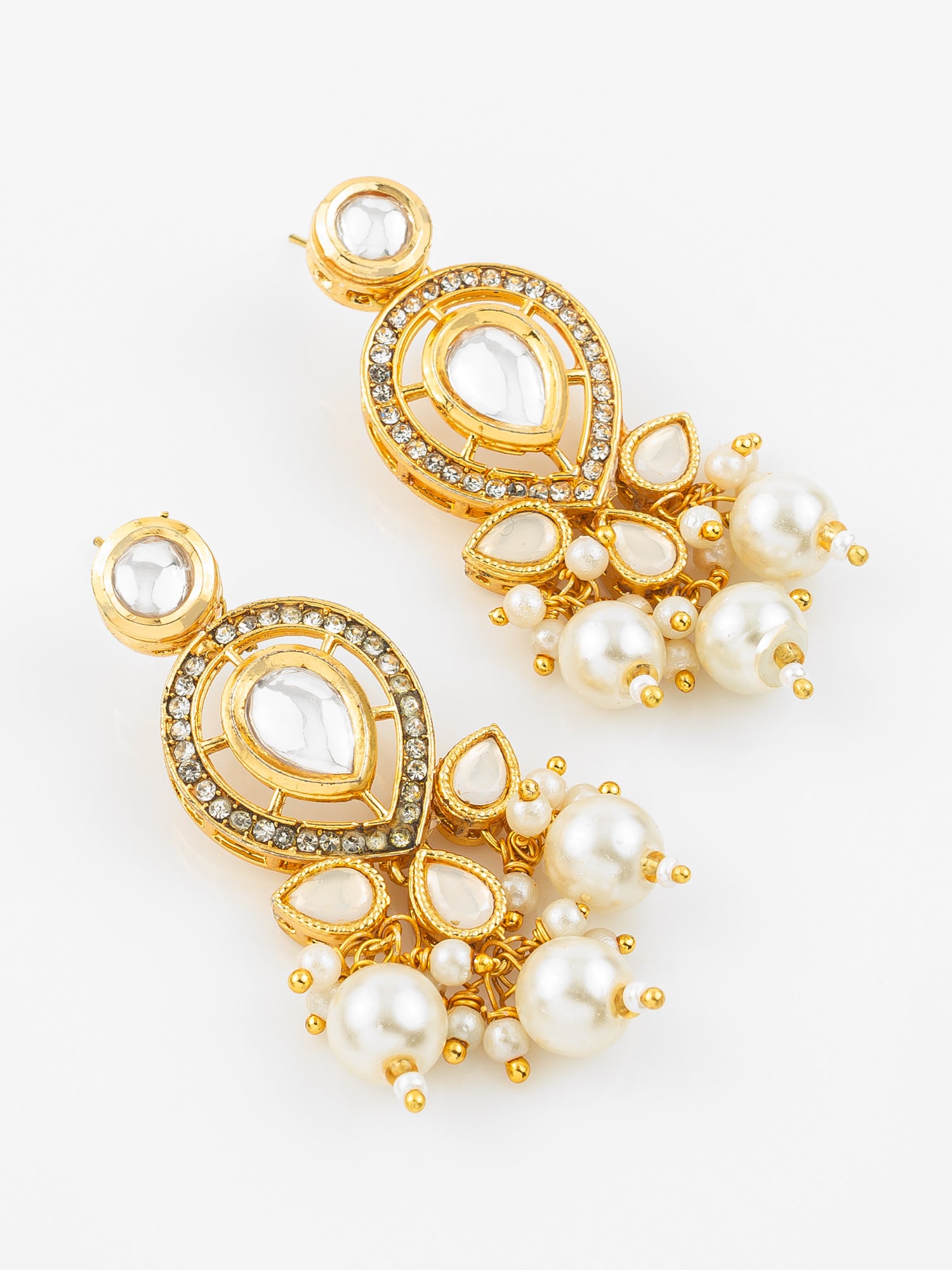 Gold Plated Kundan & Pearl Cluster Drop Earrings for Women and Girls – View 2 | Aadita Jewelry