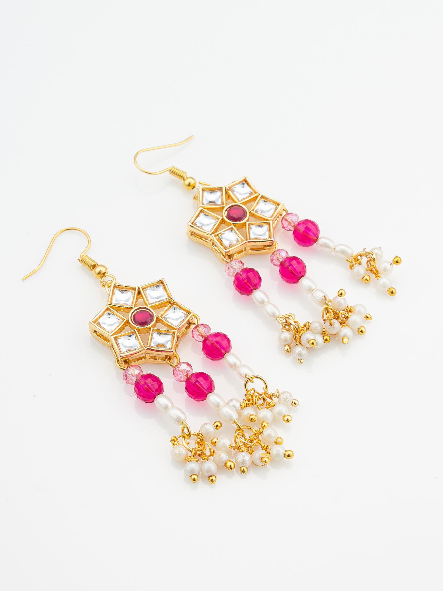 Ruby Red Hexagonal Kundan Chandelier Earrings – View 2 | Aadita Jewelry