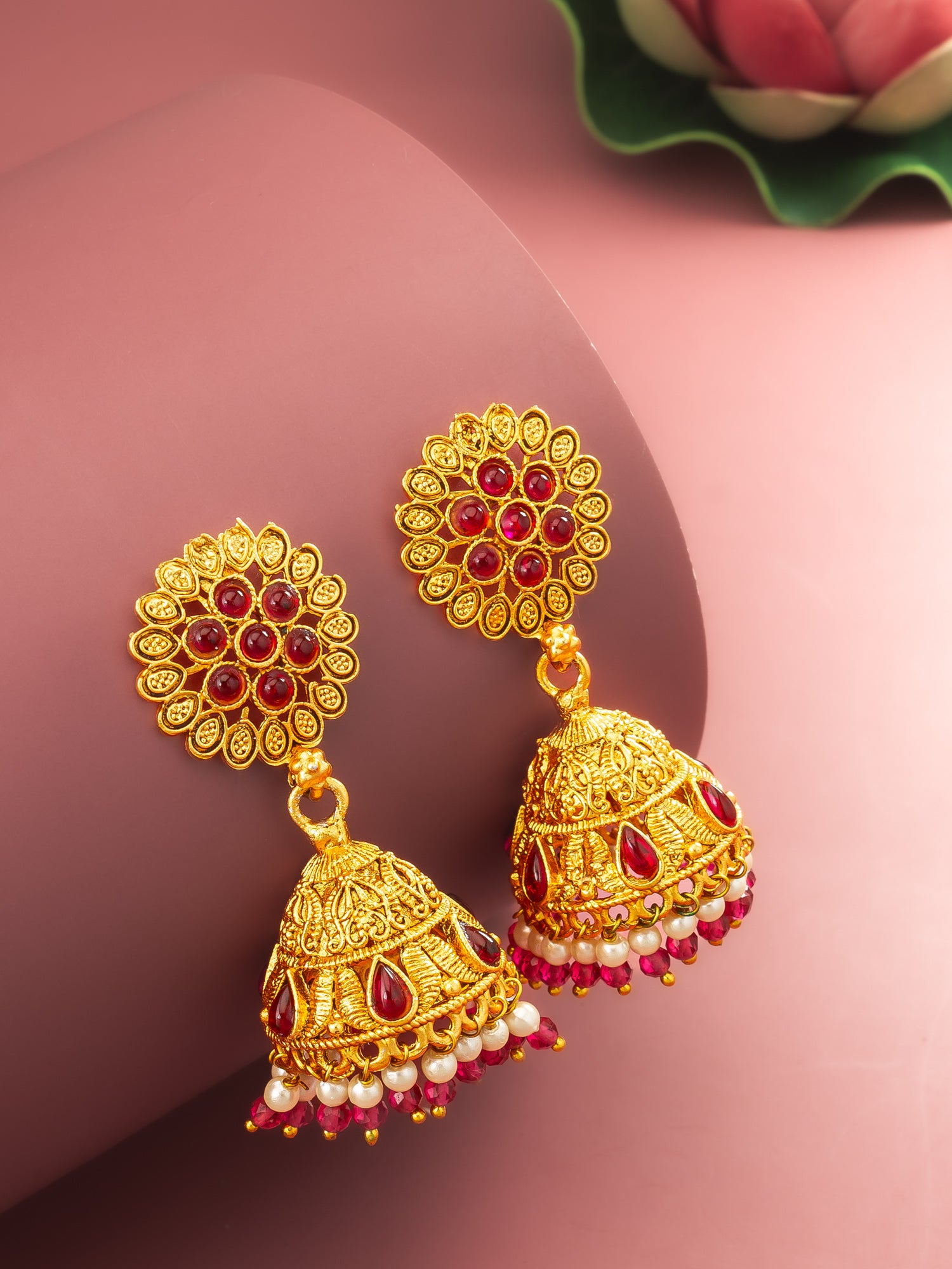 Aadita Floral Motif Gold Plated Pink Stone Jhumka Earrings – View 5 | Aadita Jewelry