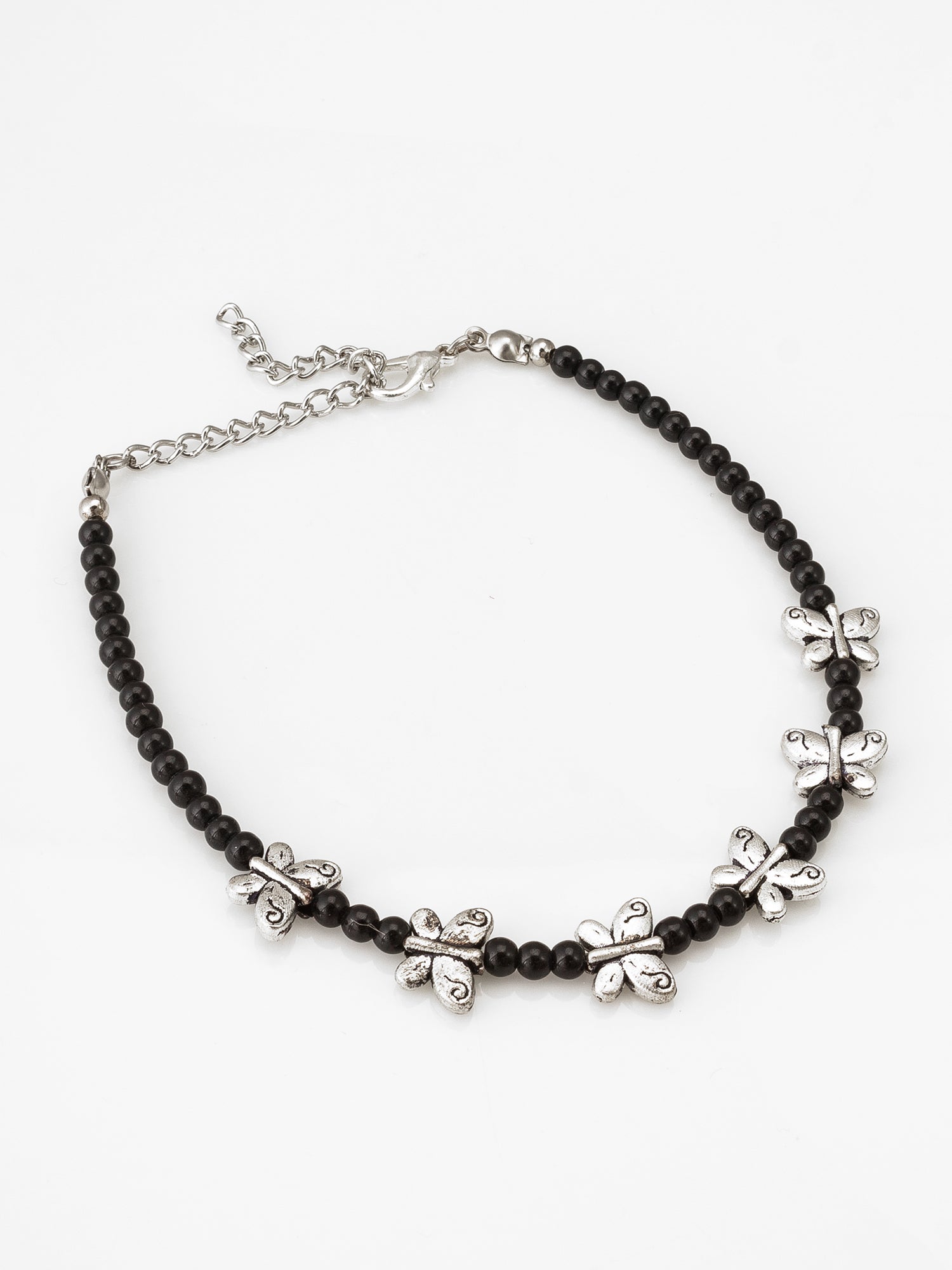 Black Bead Oxidized Butterfly Charm Beaded Anklet | Aadita Jewelry