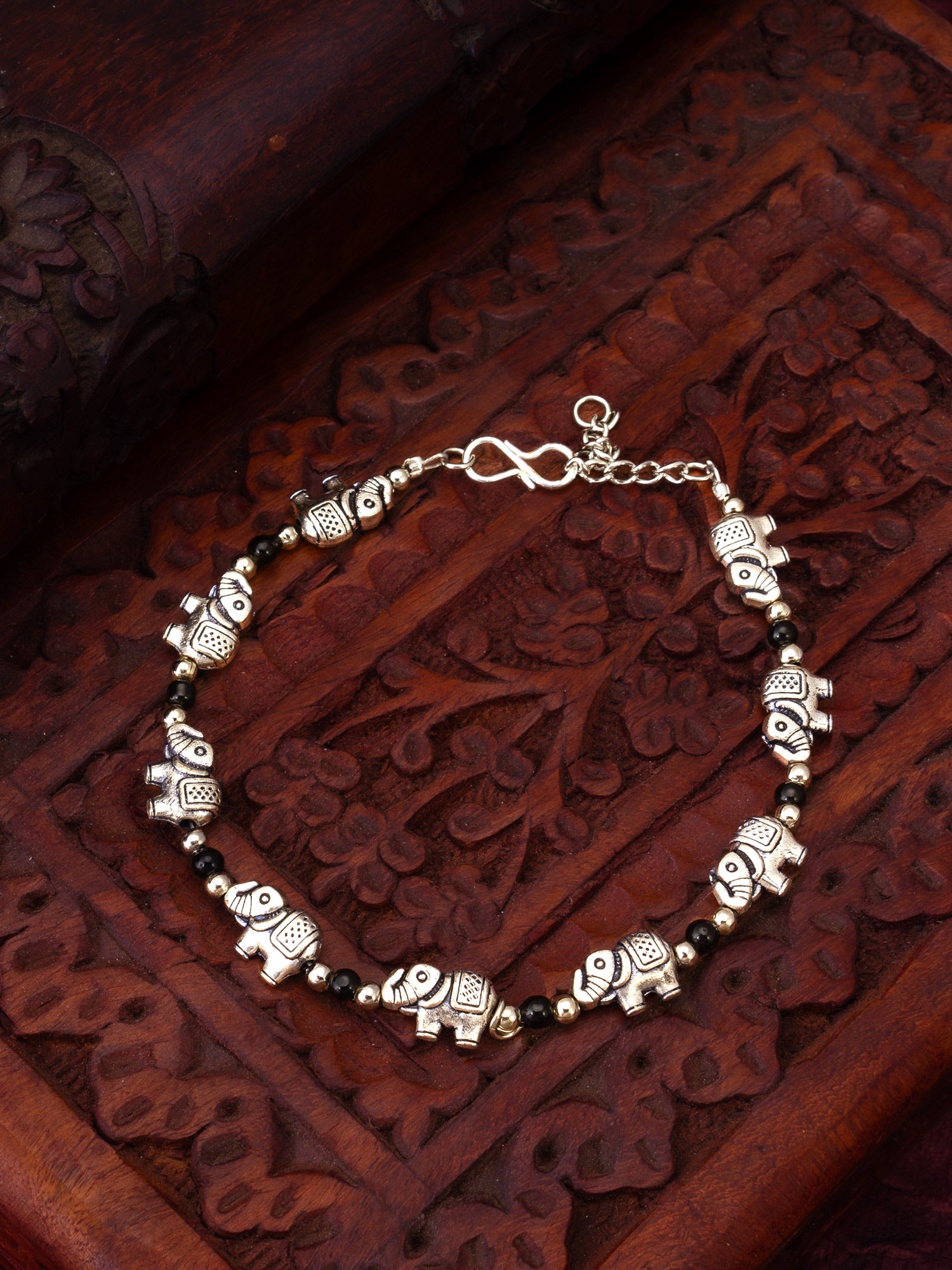 Oxidized Silver Elephant Charm Bracelet with Black Beads – View 4 | Aadita Jewelry