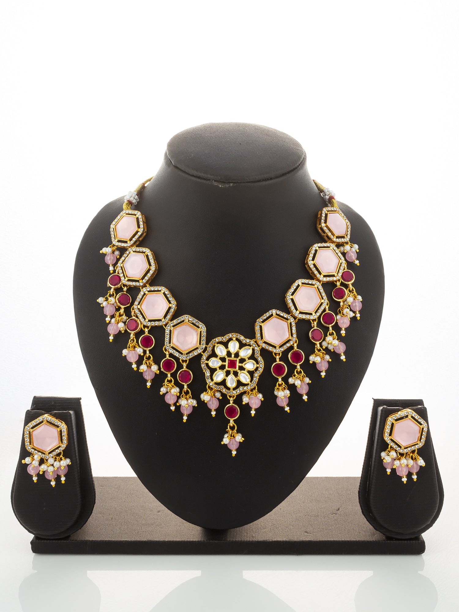 Aadita Gold Plated Kundan Necklace Set with Pink Stones end Earrings – View 5 | Aadita Jewelry
