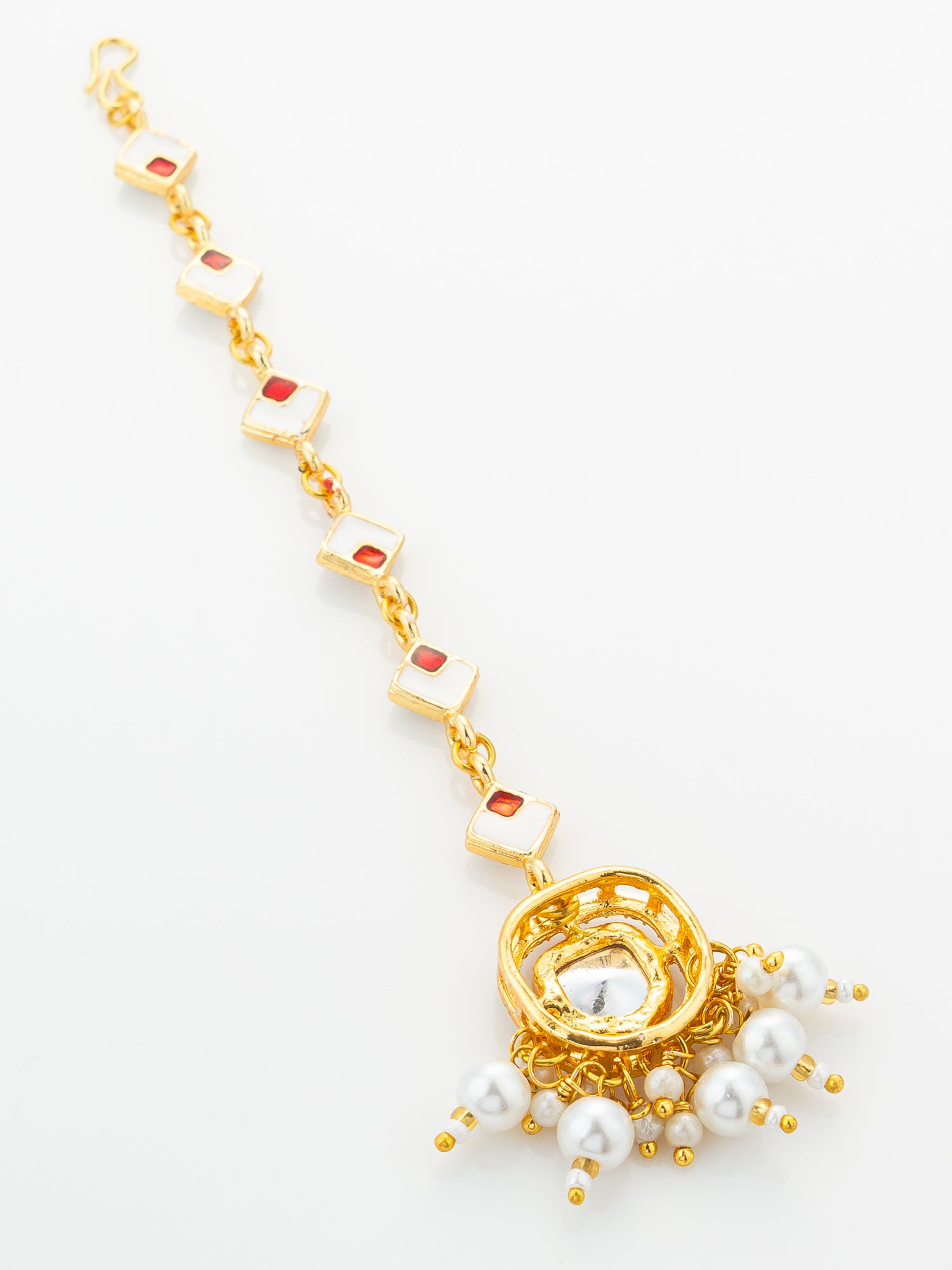 Aadita Gold Plated Square Kundan Chain Mangtika with Round Pendant and White Pearl Cluster Fringe – View 4 | Aadita Jewelry