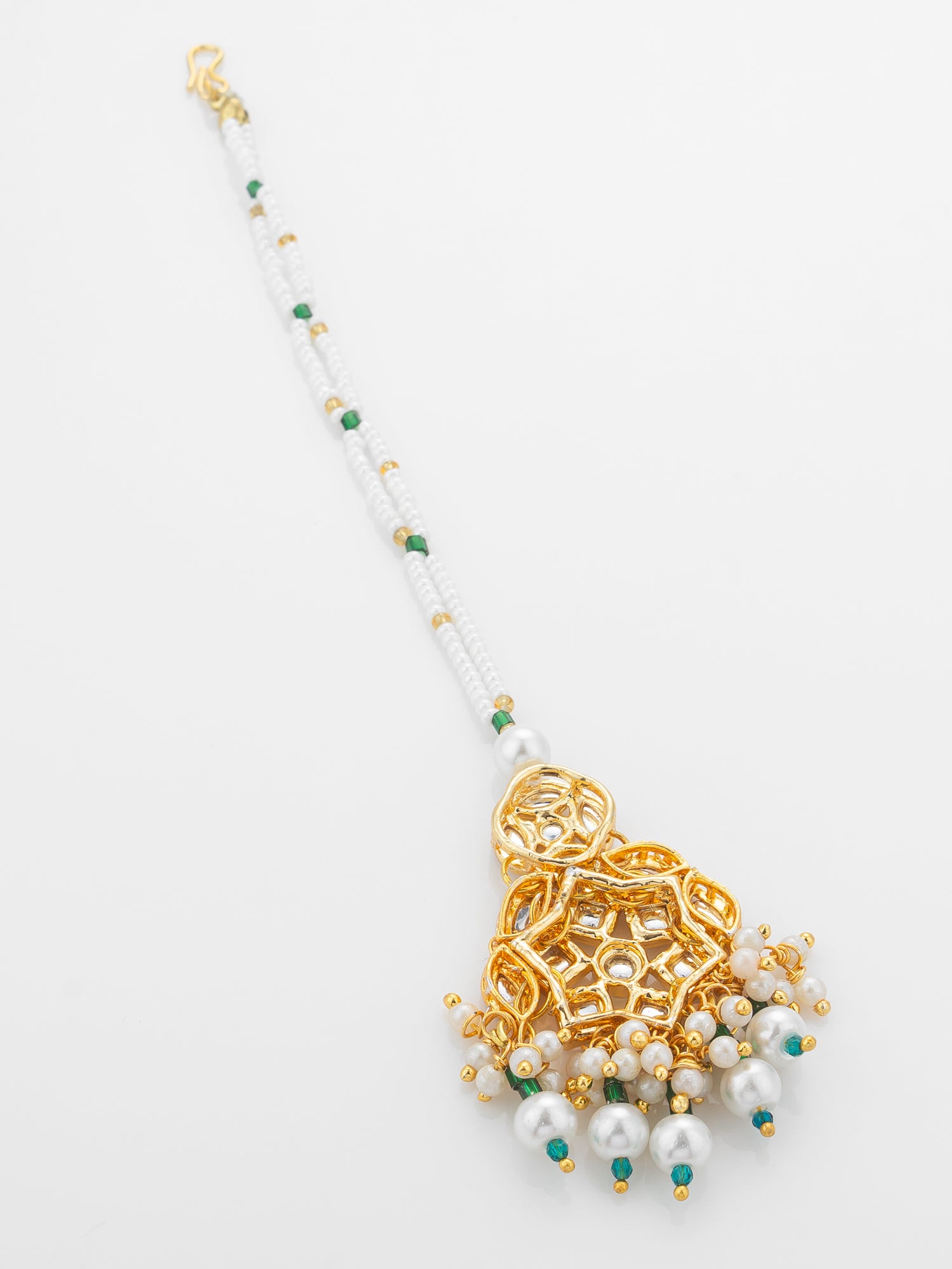 Aadita Gold Plated Multi-Stone Kundan Mangtika with White Seed Bead Chain and Pearl Fringe – View 4 | Aadita Jewelry
