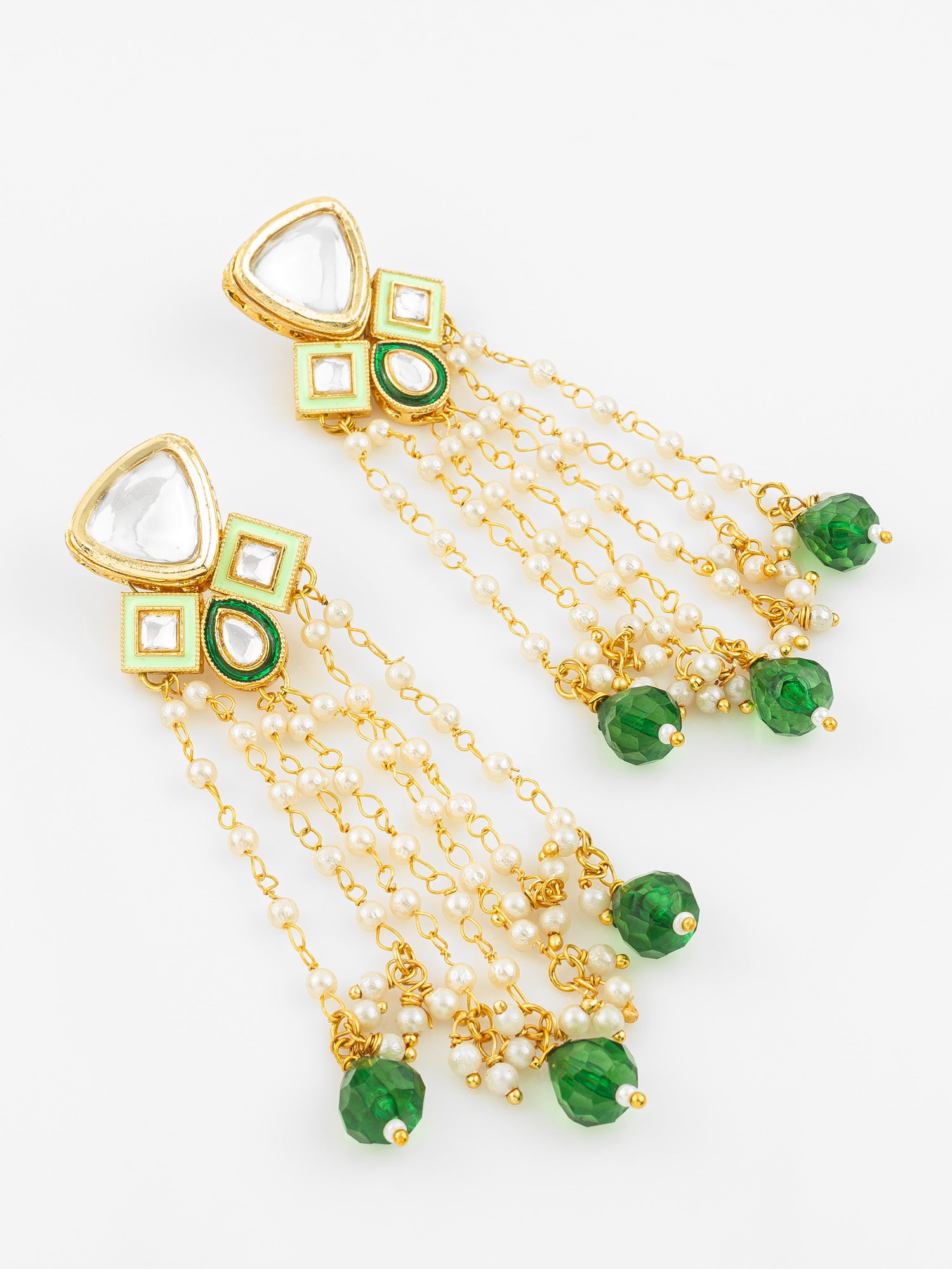 Gold Plated Kundan and Pearl Green Drop Traditional Long Dangler Earrings for Women – View 2 | Aadita Jewelry