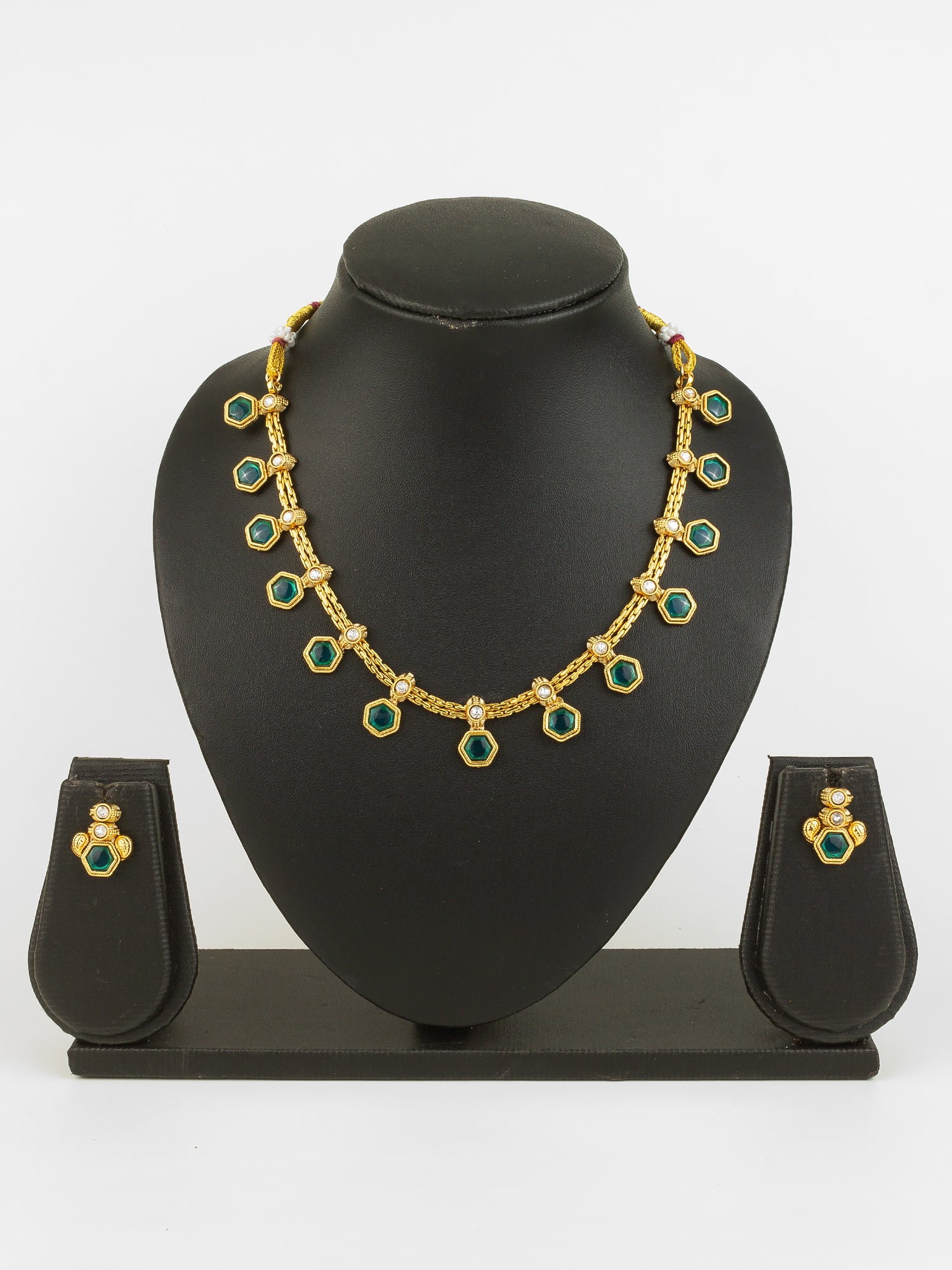 Gold Plated Green Hexagonal Stone Traditional Necklace Set for Women – View 5 | Aadita Jewelry