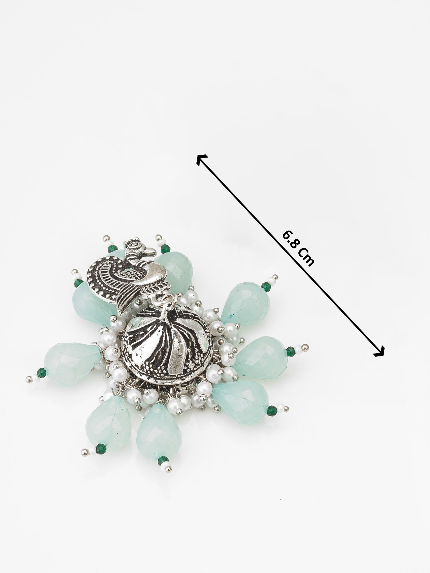 Oxidized Silver Peacock Jhumka Earrings with Mint Green Beads and Pearl – View 3 | Aadita Jewelry
