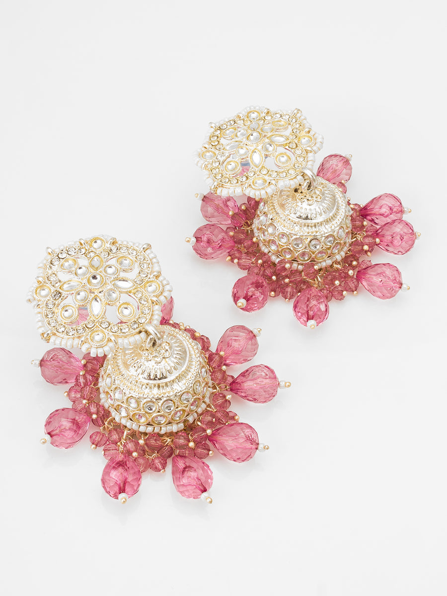 Kundan Pink Beaded Jhumka Earrings
