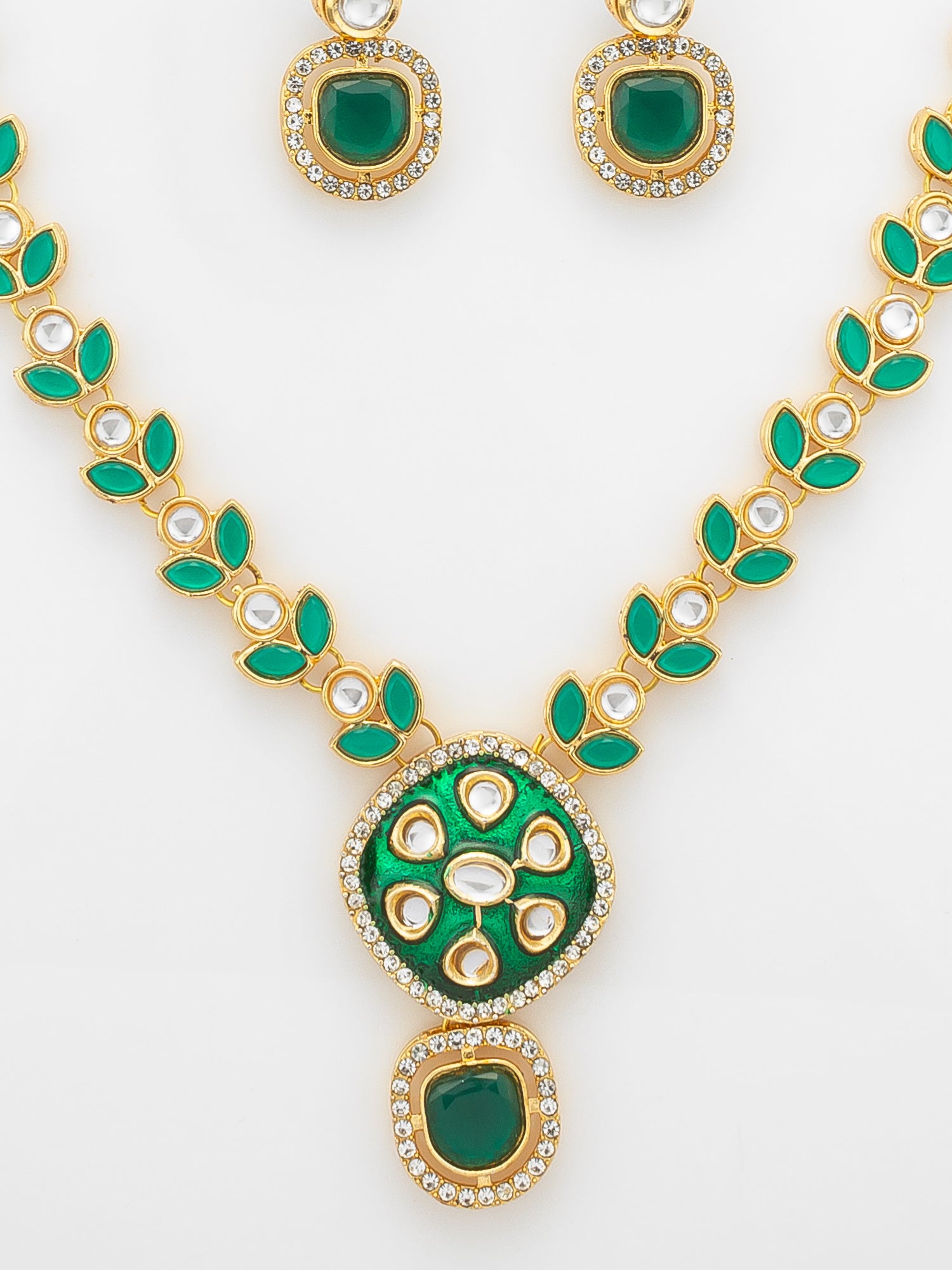 Aadita Gold-Plated Kundan Necklace Set with Green Meenakari Pendant and Pearl Chain and Earrings – View 4 | Aadita Jewelry