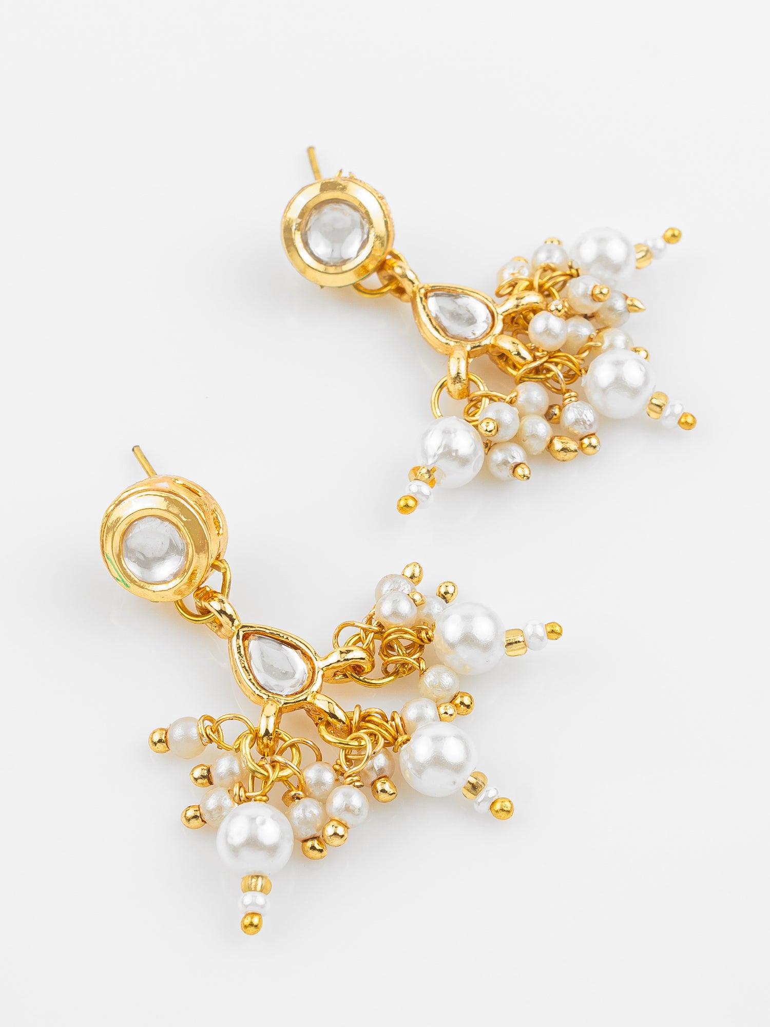 Gold Plated Pearl Kundan Necklace Set with White Marble Finish Stones – View 2 | Aadita Jewelry