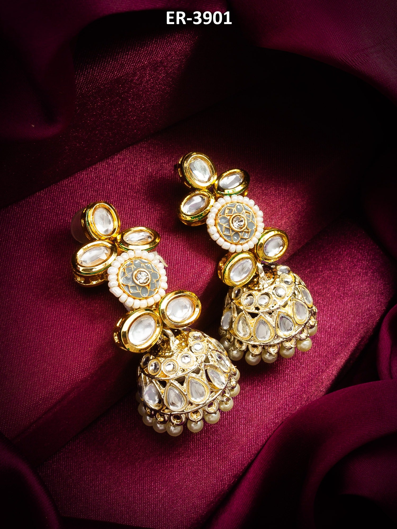 Traditional Kundan Pearl Jhumka Earrings – View 5 | Aadita Jewelry
