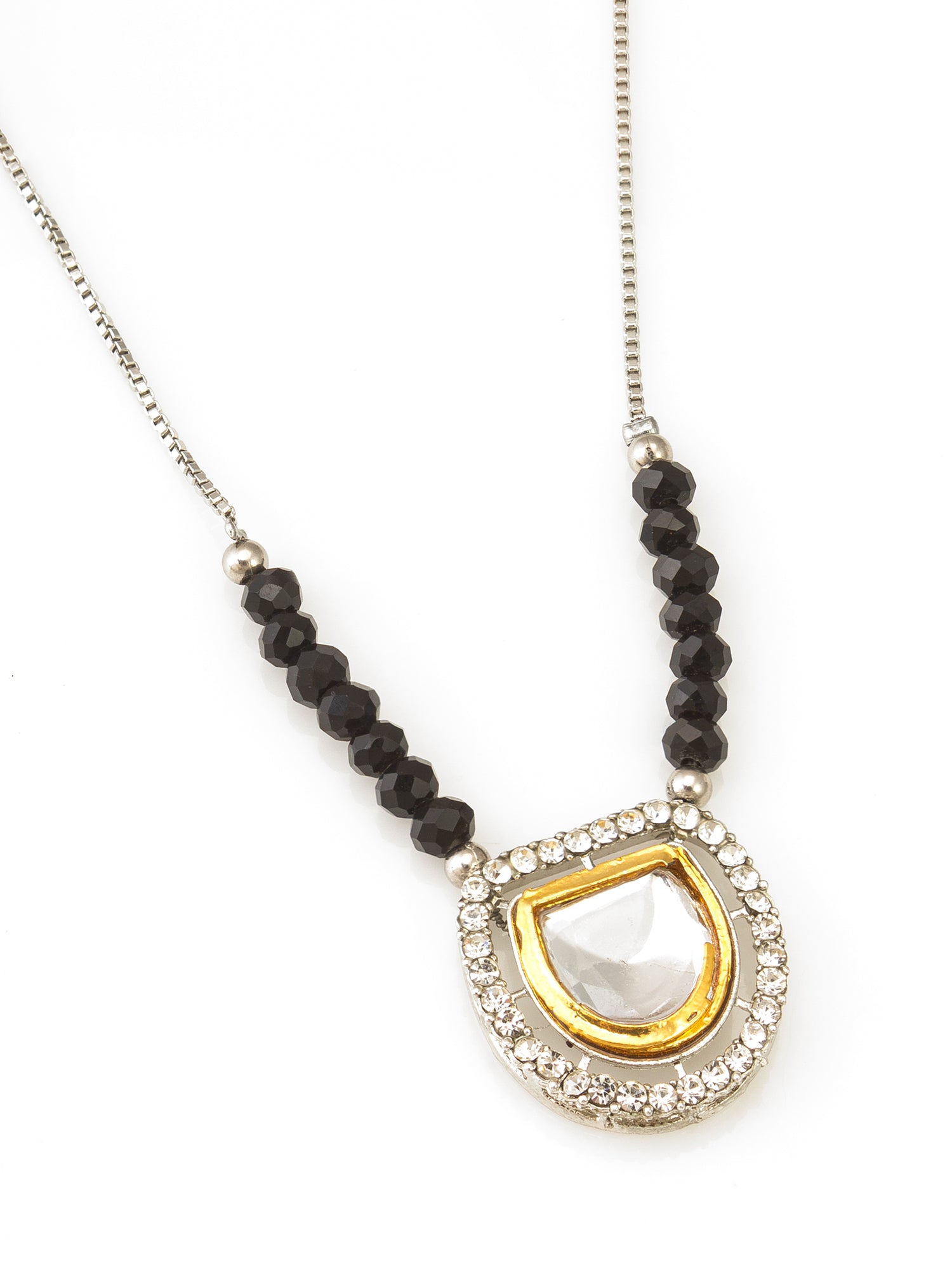 Kundan Pendant Long Necklace with Black Crystal Beads – View 2 | Aadita Jewelry