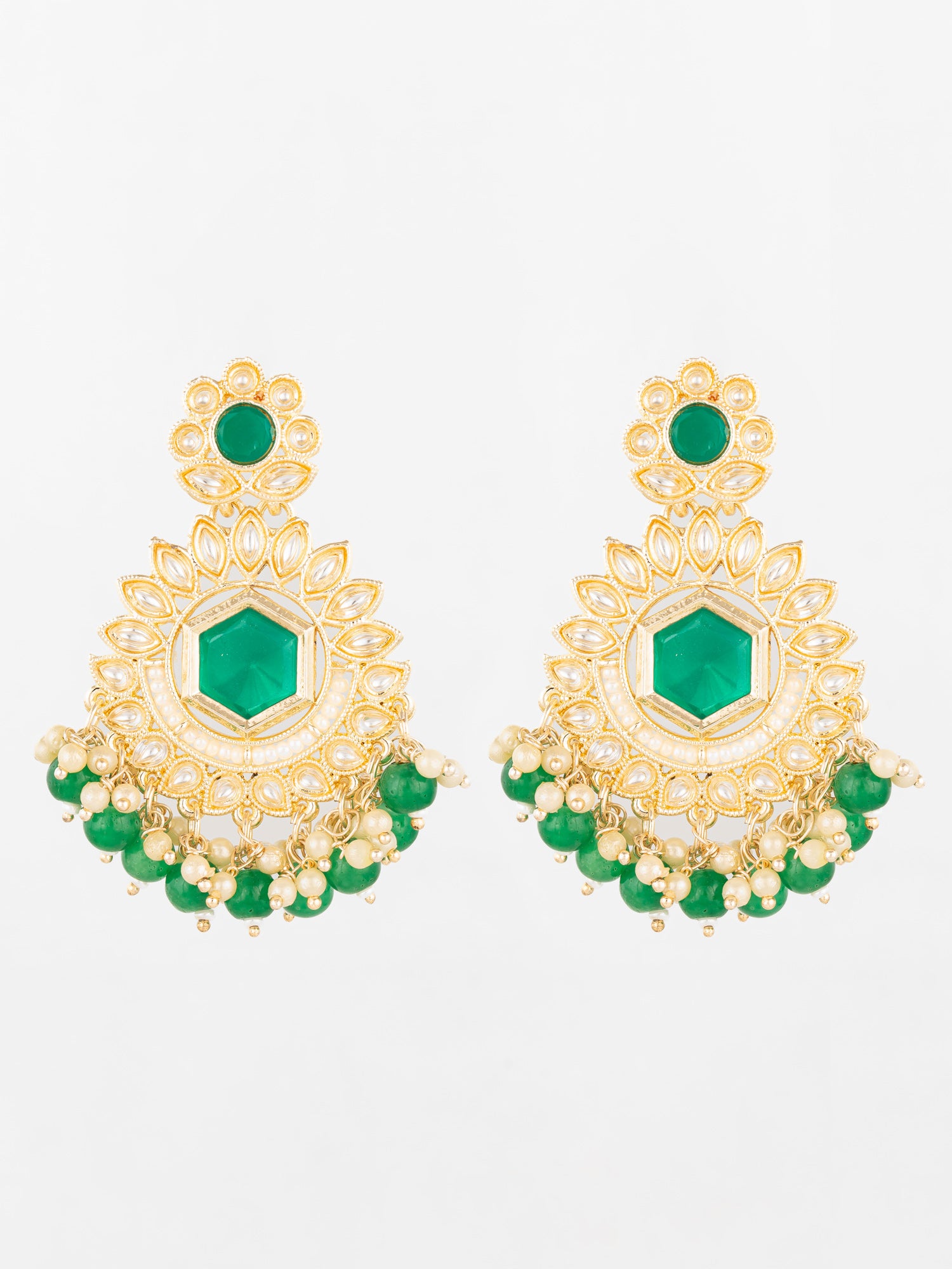 Aadita Green Kundan Chandelier Drop Earrings with Beaded Detailing | Aadita Jewelry