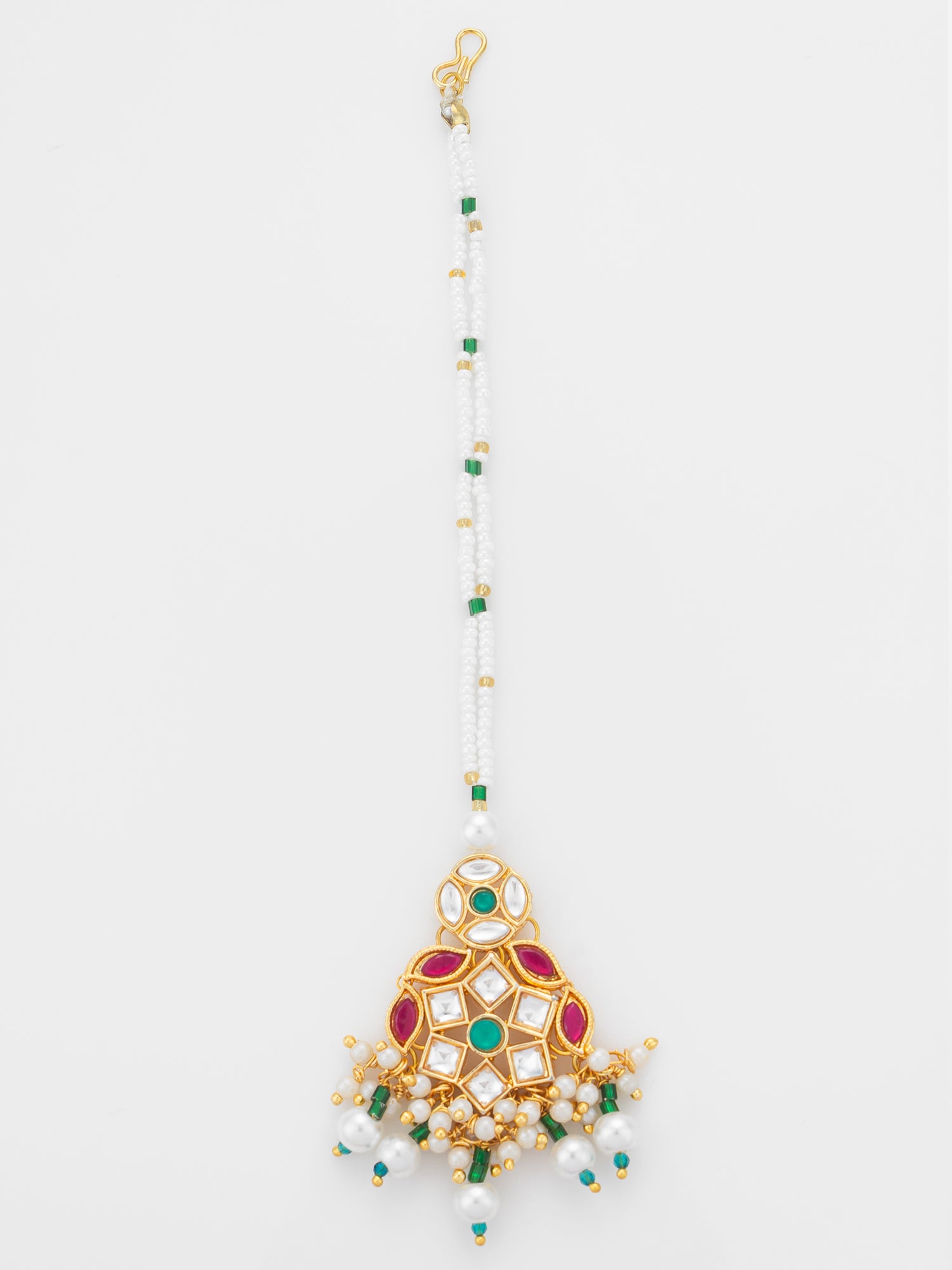 Aadita Gold Plated Multi-Stone Kundan Mangtika with White Seed Bead Chain and Pearl Fringe | Aadita Jewelry