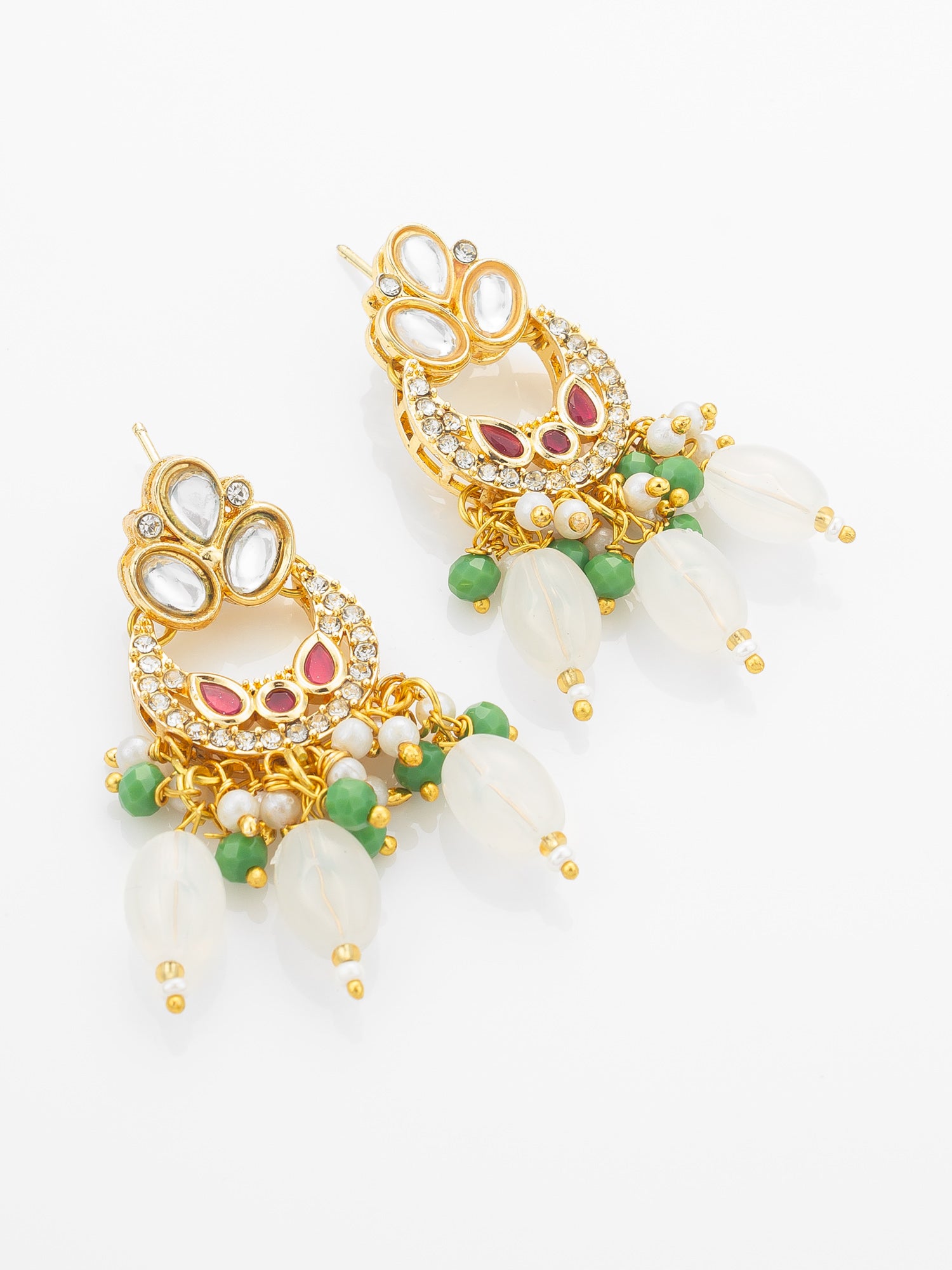 Aadita Gold Plated Kundan Necklace Set with Green Beads and White Drop with Chandbali Earrings – View 2 | Aadita Jewelry