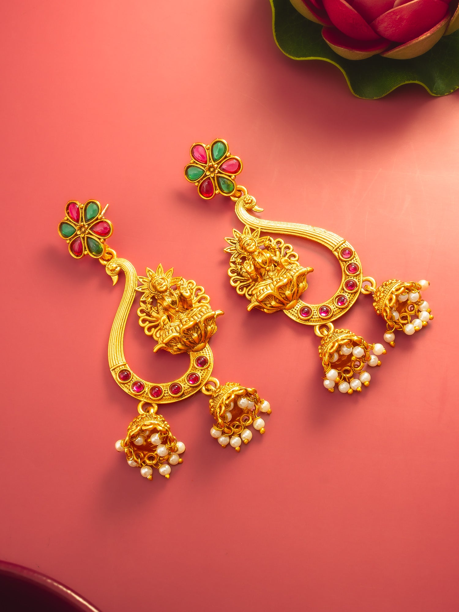 Aadita Temple Lakshmi Chandbali Jhumka Earrings with Stones – View 5 | Aadita Jewelry