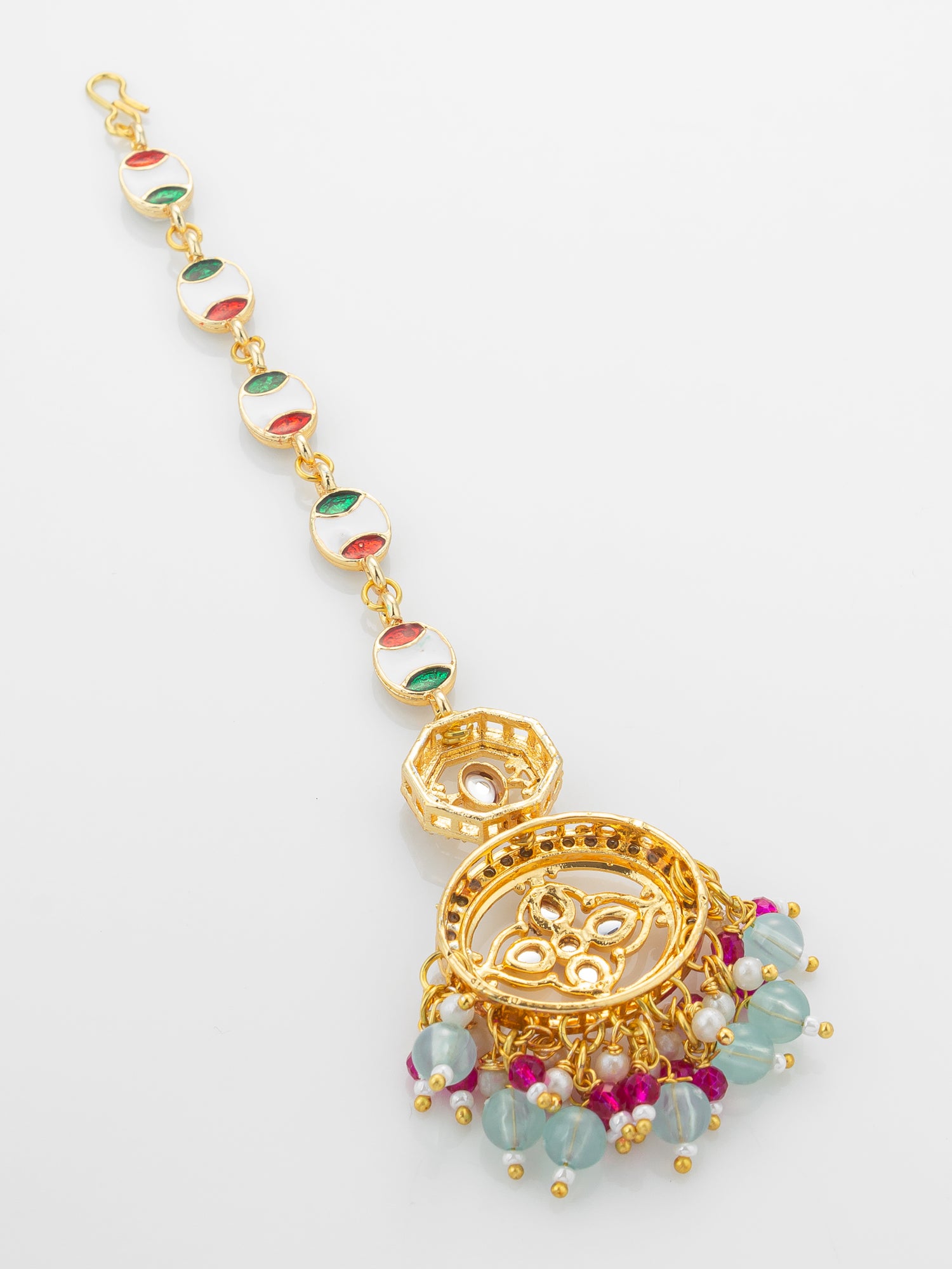 Aadita Gold Plated Oval Kundan Chain Mangtika with Double Disc Pendant and Mixed Bead Fringe – View 4 | Aadita Jewelry