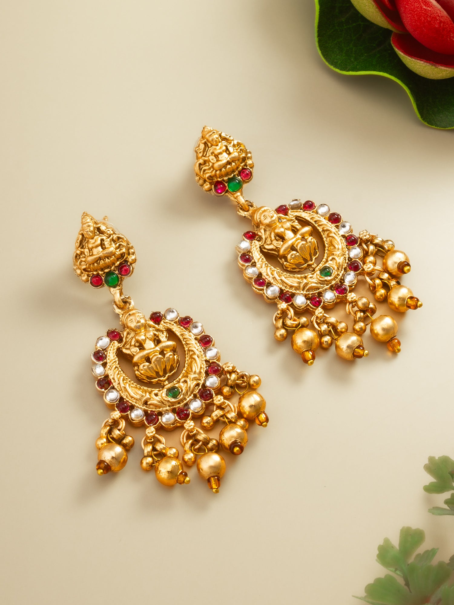 Lakshmi Temple Chandbali Earrings with Kundan Stones – View 4 | Aadita Jewelry