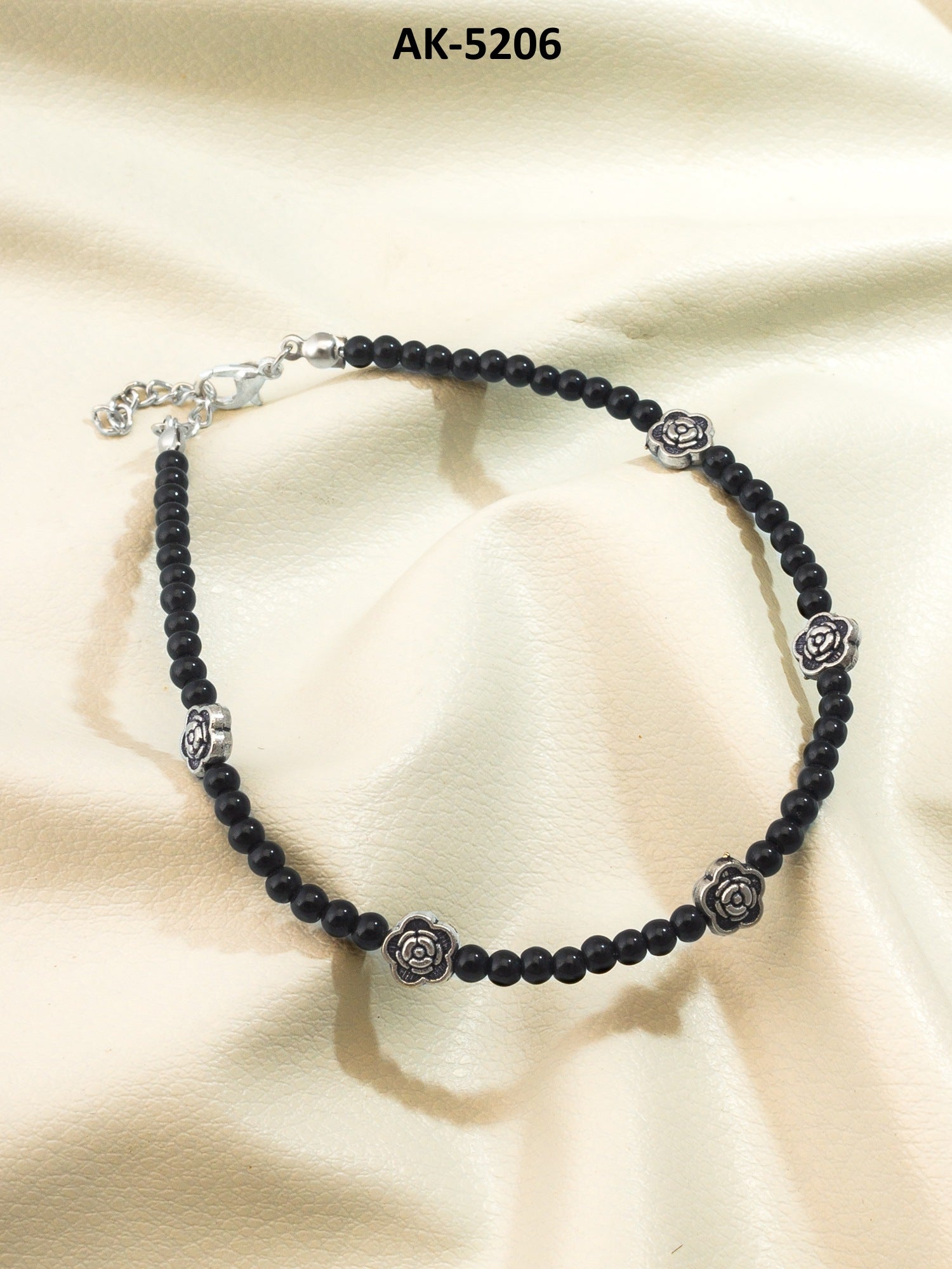 Black Bead Oxidized Rose Charm Anklet – View 5 | Aadita Jewelry