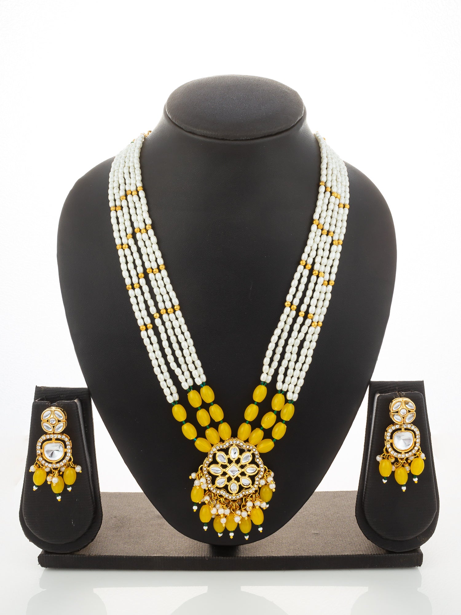 Aadita Yellow Beaded Kundan Long Necklace Set with Chandbali-Style Earrings – View 5 | Aadita Jewelry