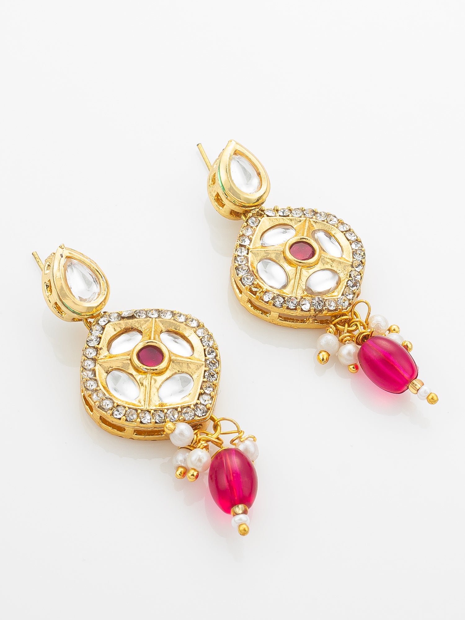 Aadita Gold-Plated Kundan Long Necklace Set with Beads and Floral Meenakari Pendant and Earrings – View 2 | Aadita Jewelry