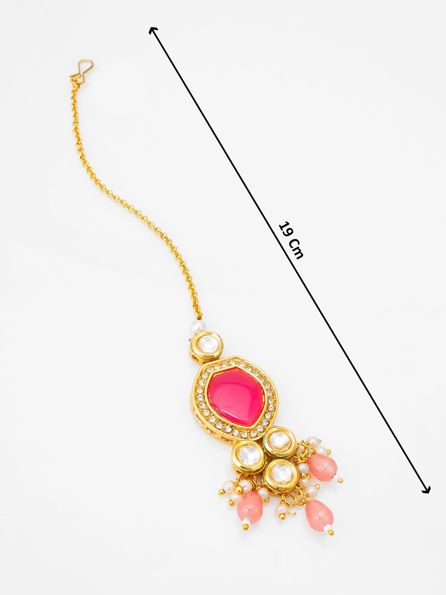 Gold-Plated Pink Kundan Maang Tikka with Crystal Bead Drops – View 4 | Aadita Jewelry