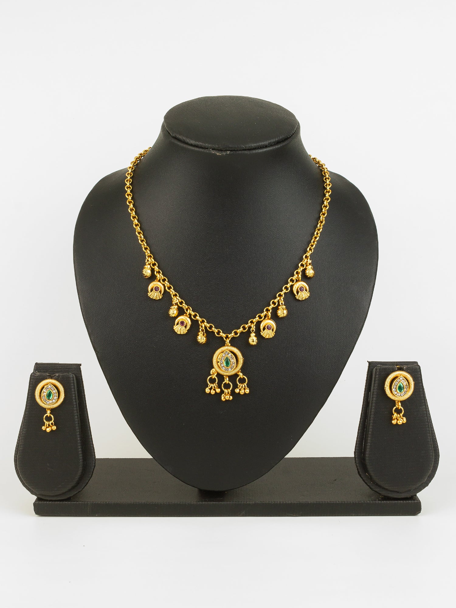 Gold-Plated Teardrop Stone Necklace Set for Women | Green & Pink Ethnic Jewellery with Earrings | Bridal & Festive Wear – View 5 | Aadita Jewelry