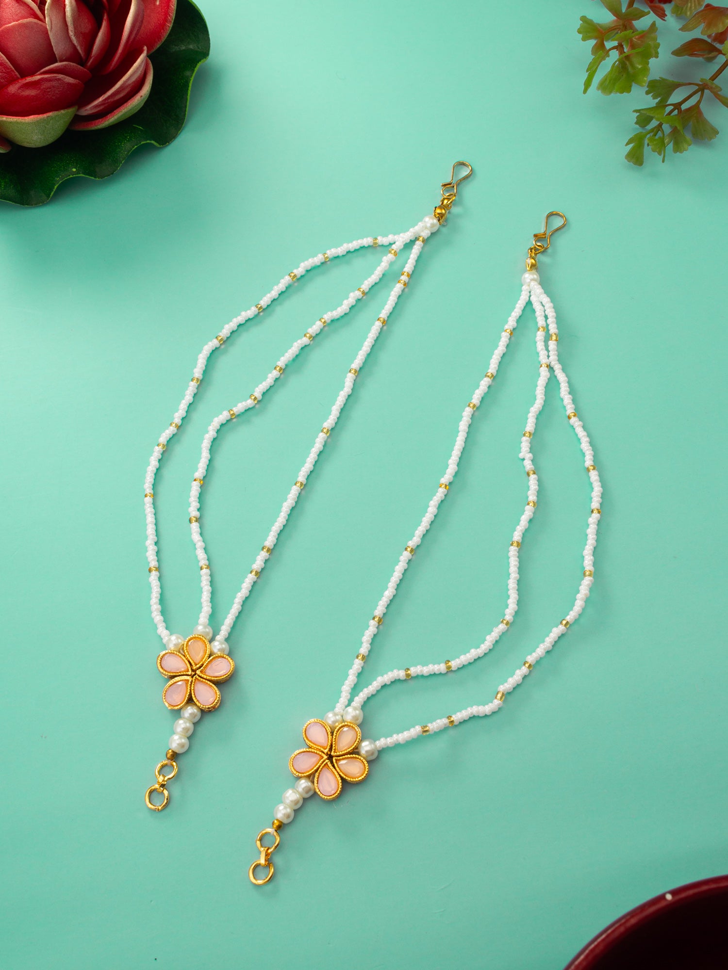 Gold-Tone Floral Kundan Ear Chain with Multi-Strand Pearl and Gold Bead Detailing – View 4 | Aadita Jewelry