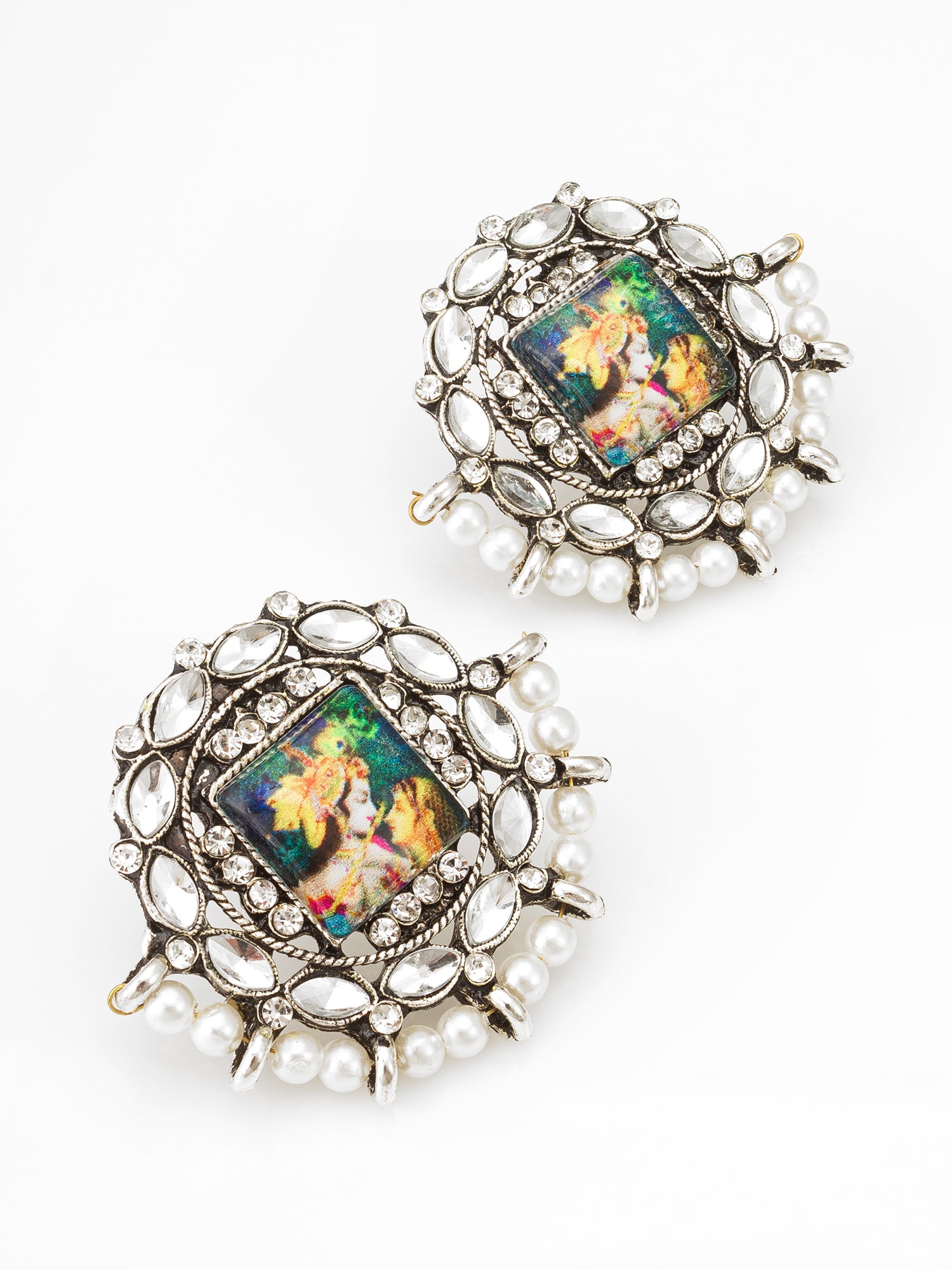 Silver Toned Radha Krishna Temple Work Kundan Stud Earrings | Aadita Jewelry