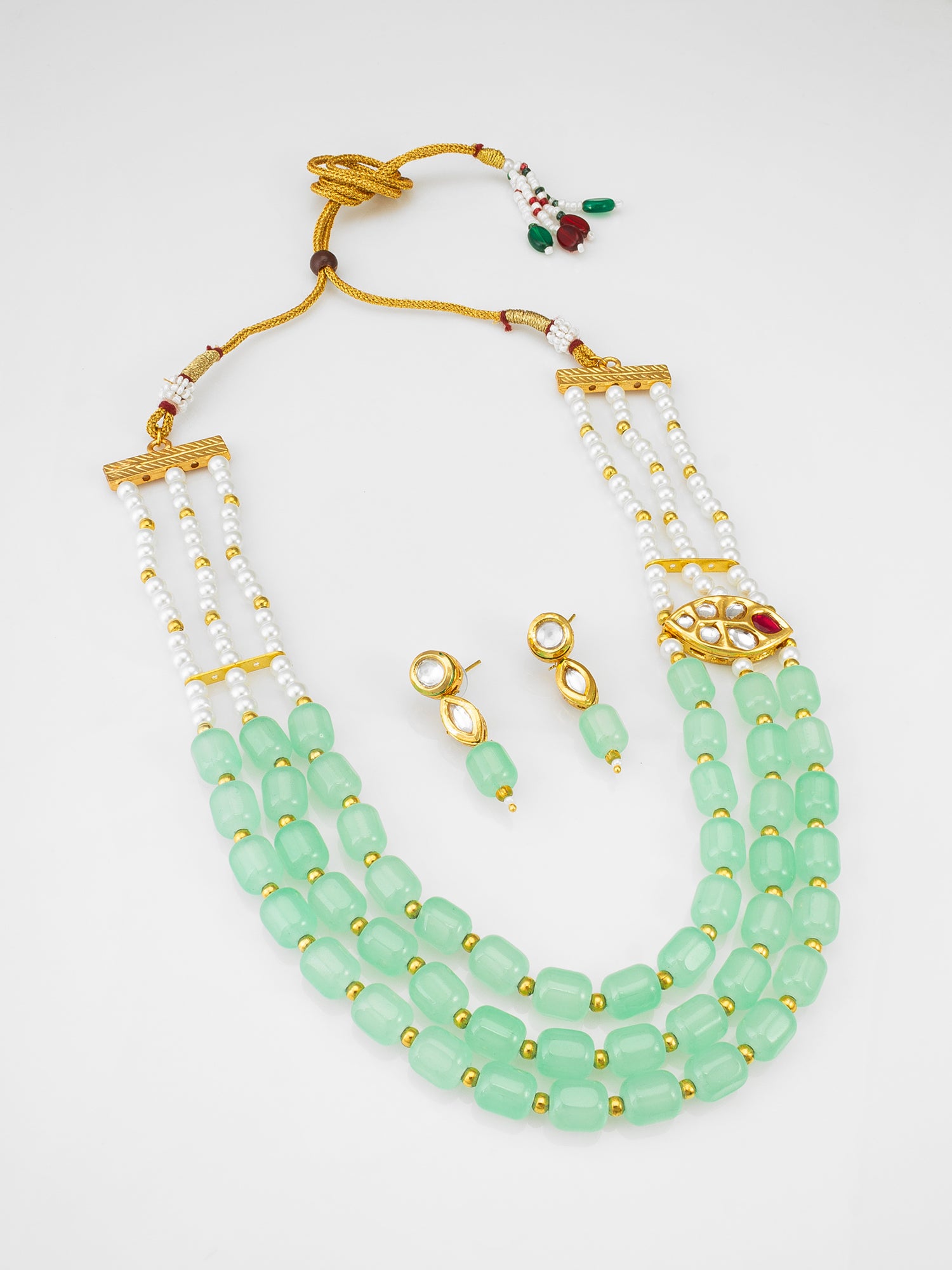 Mint Green Barrel Bead Multi-Strand Necklace Set with Kundan Pendant and Matching Earrings | Aadita Jewelry