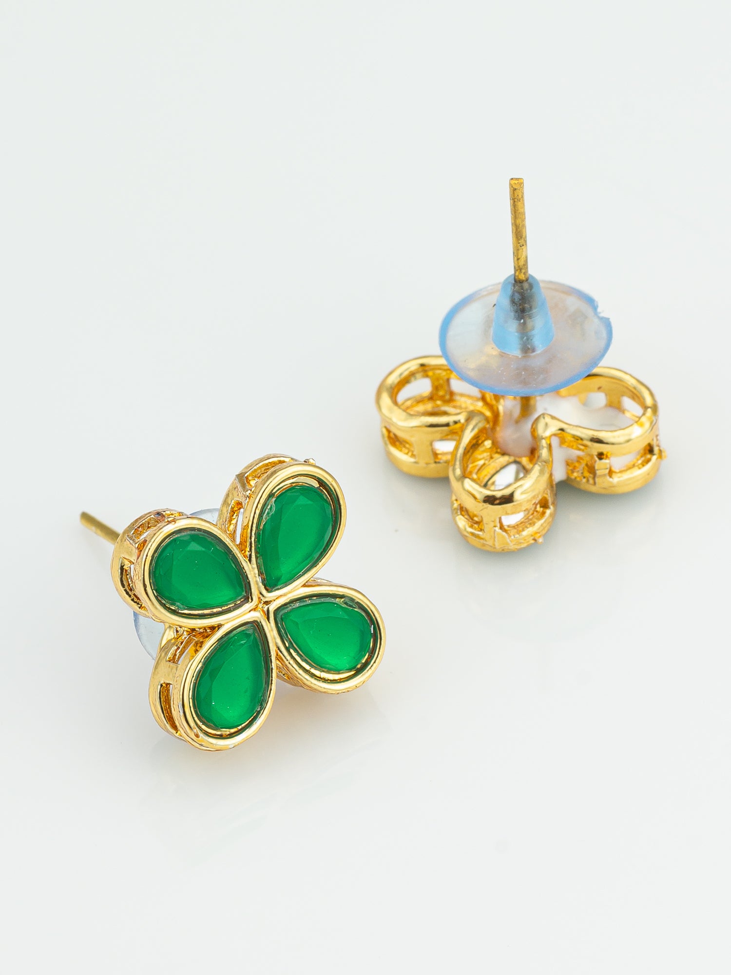 Floral Green Stone Gold Plated Stud Earrings – View 3 | Aadita Jewelry