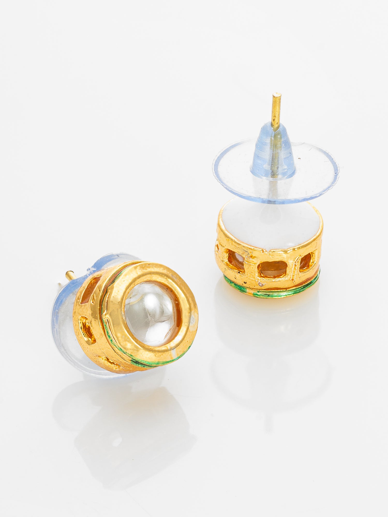 Gold Plated White Round Stud Earrings with Kundan Stones – View 2 | Aadita Jewelry