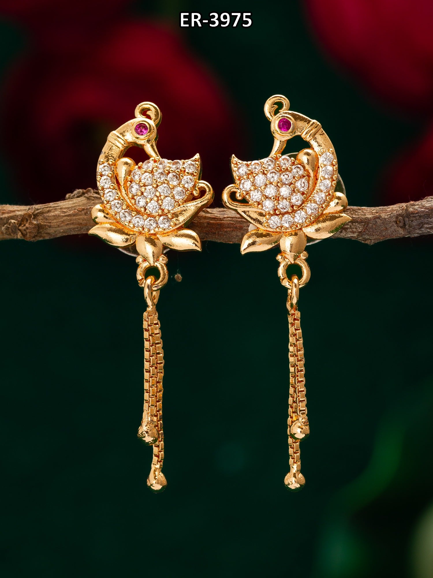 Peacock Design American Diamond Chain Drop Earrings – View 5 | Aadita Jewelry