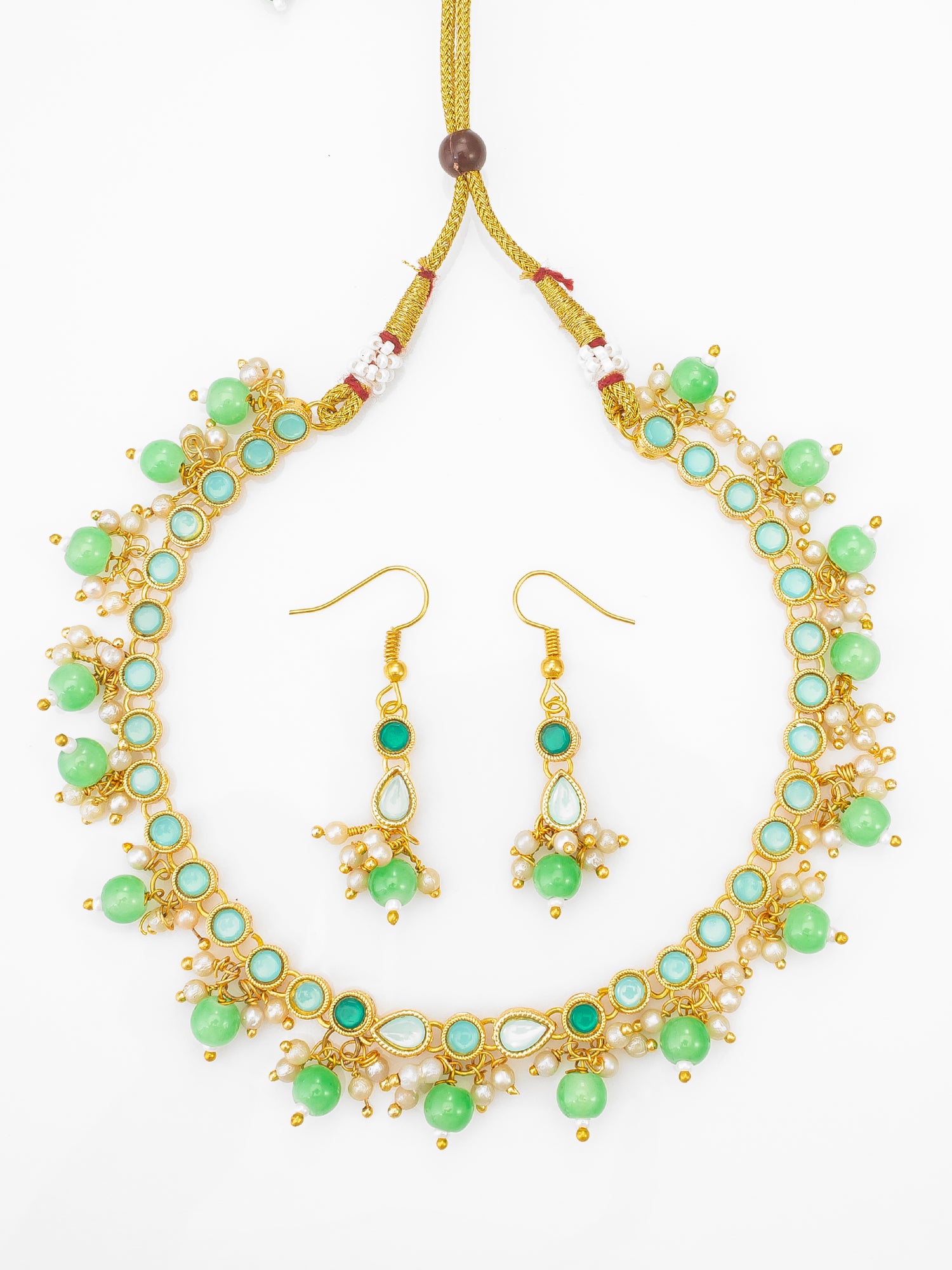 Green Beaded Kundan Necklace Set with Earrings for Women – View 2 | Aadita Jewelry