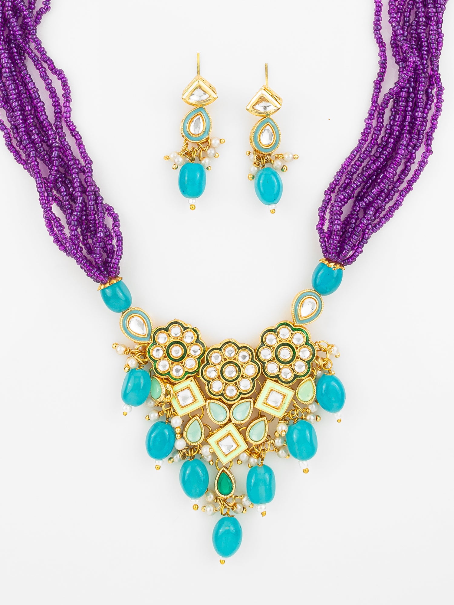 Gold Plated Kundan & Beads Necklace Set with Earrings for Women – View 4 | Aadita Jewelry