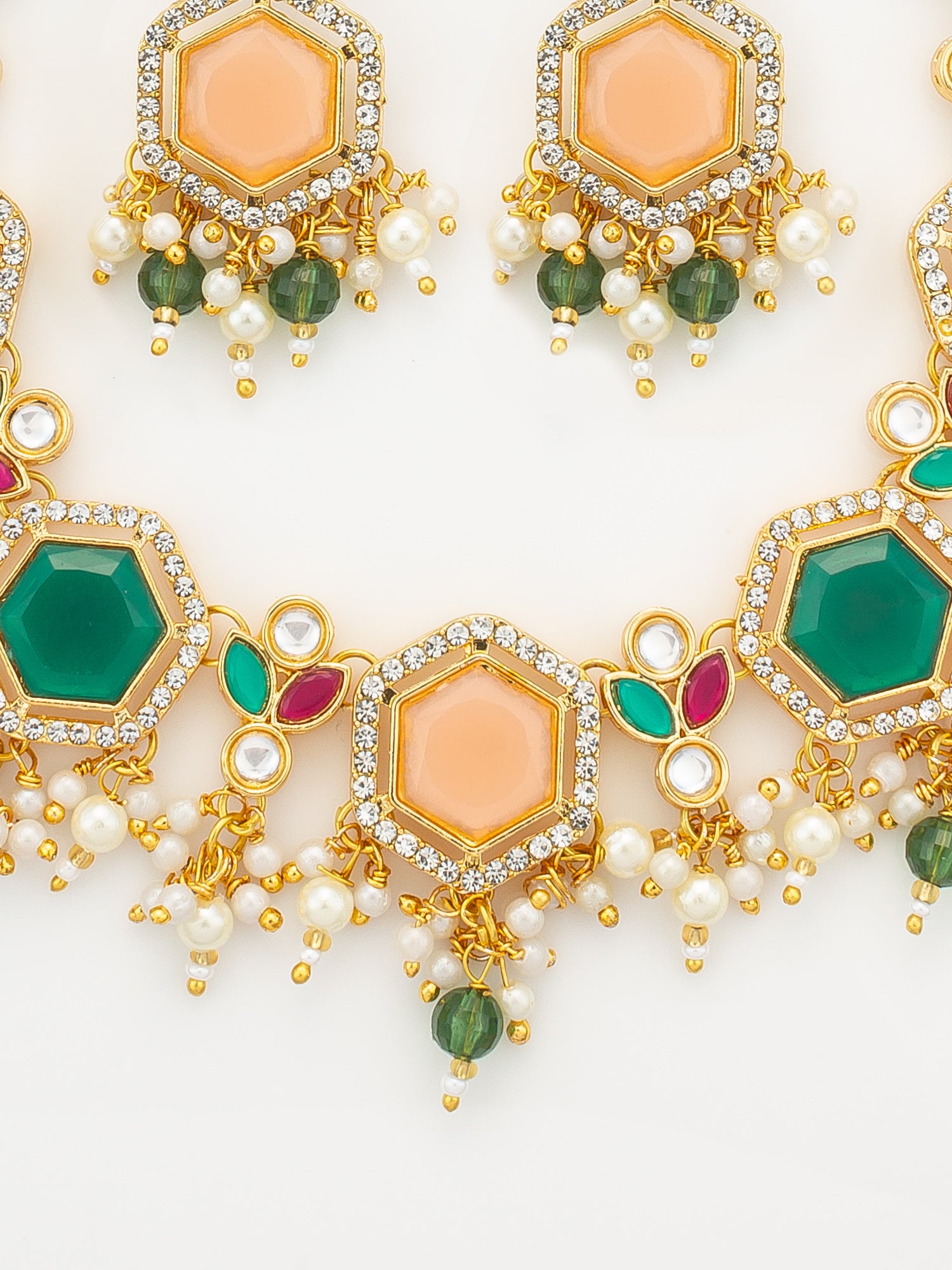 Aadita Gold-Plated Kundan Choker Necklace Set with Peach and Green Stones – View 4 | Aadita Jewelry