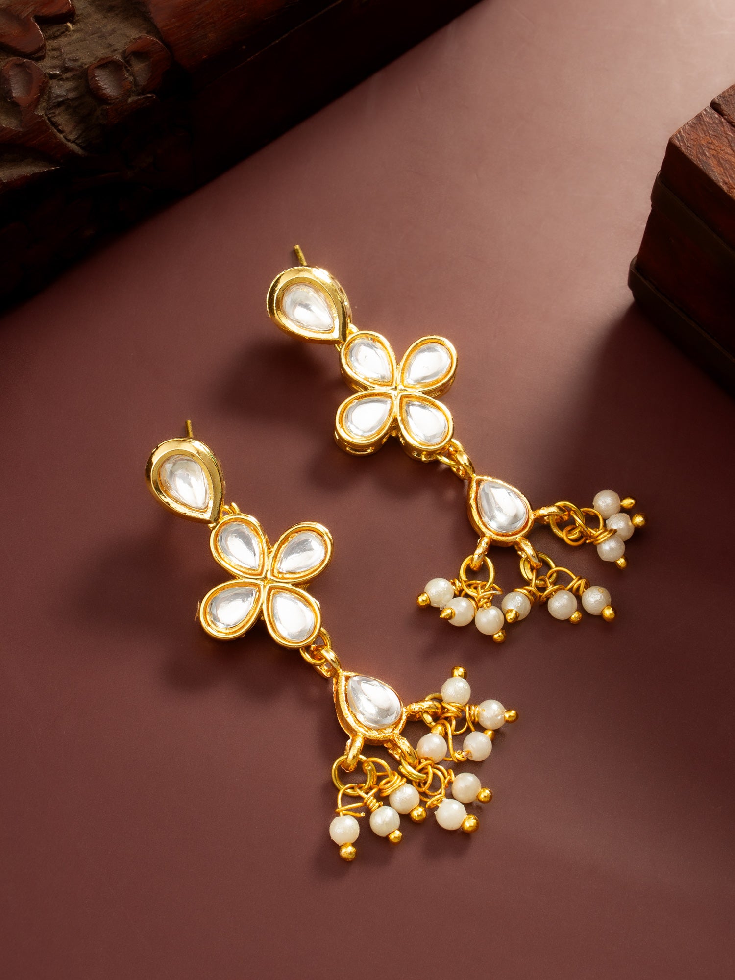 Floral Kundan Dangler Earrings with Pearl Accents – View 5 | Aadita Jewelry