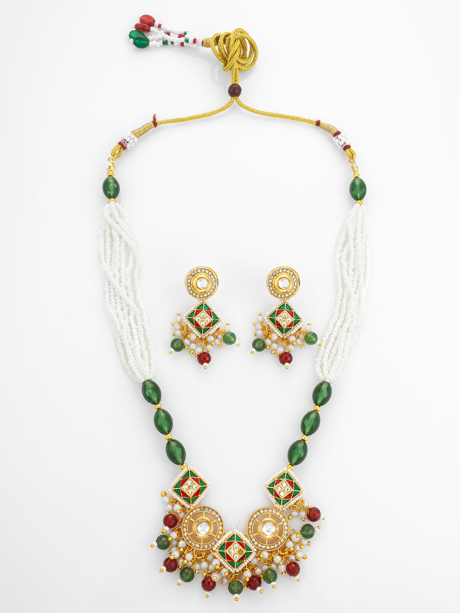 Gold Plated Square Kundan Multi-Color Pearl Necklace Set | Aadita Jewelry