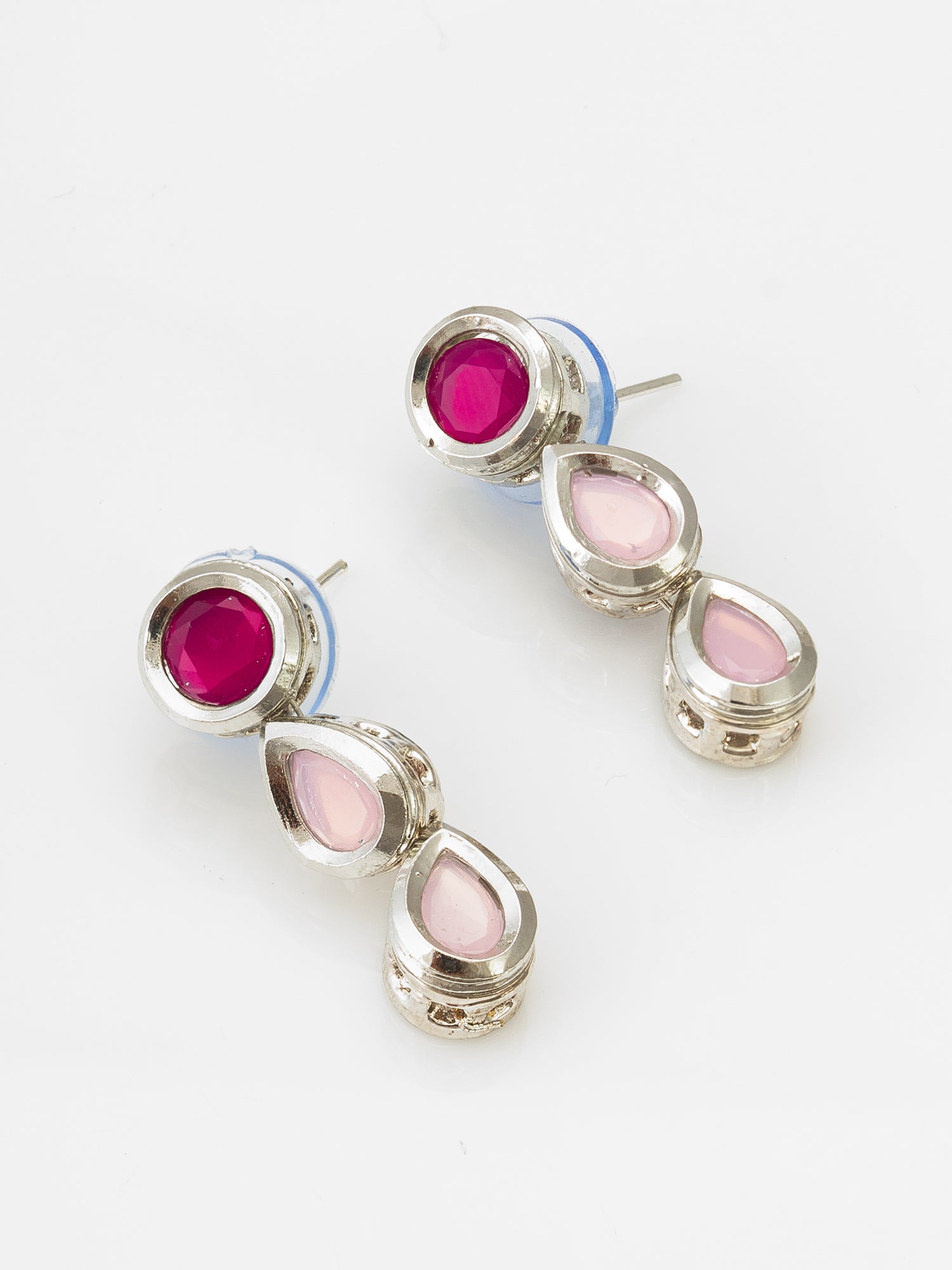 Silver-Tone Pink Kundan Necklace Set with Shell Pearl Drops and Crystal – View 2 | Aadita Jewelry