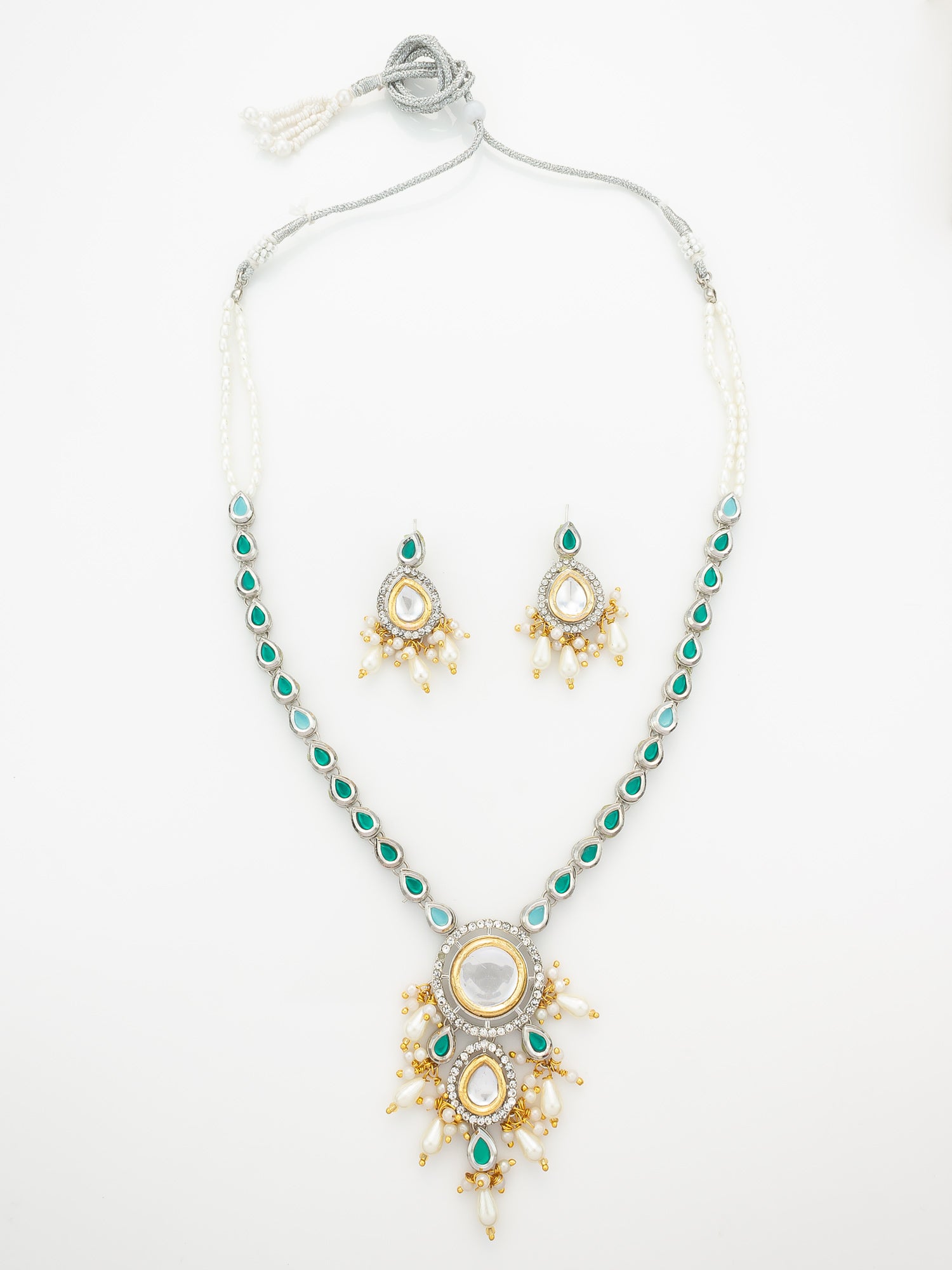 Aadita Silver-Plated Kundan Necklace Set with Green Stones and Pearl Drops | Aadita Jewelry