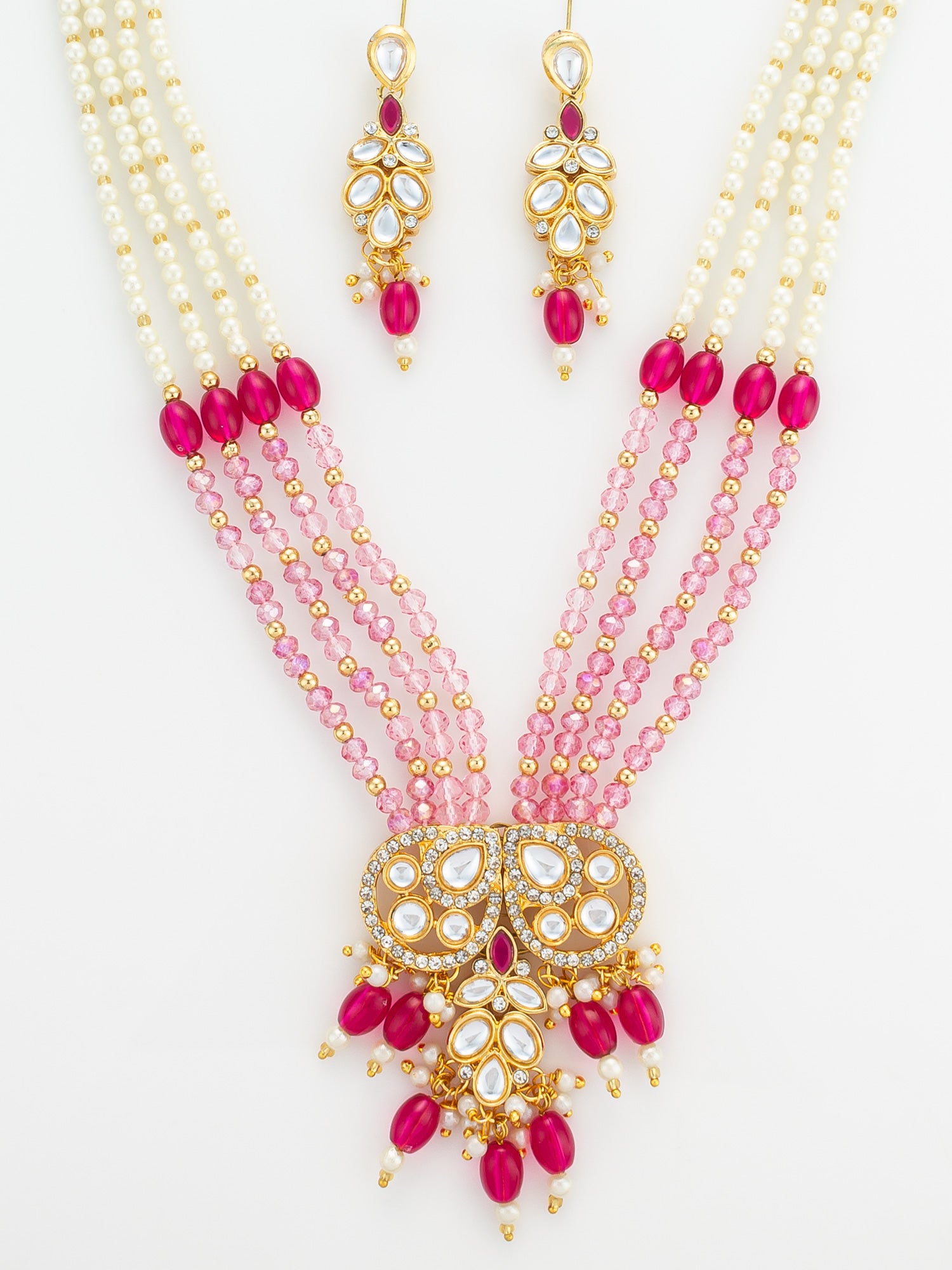 Gold Plated Pearl and Pink Crystal Bead Long Necklace Set – View 4 | Aadita Jewelry