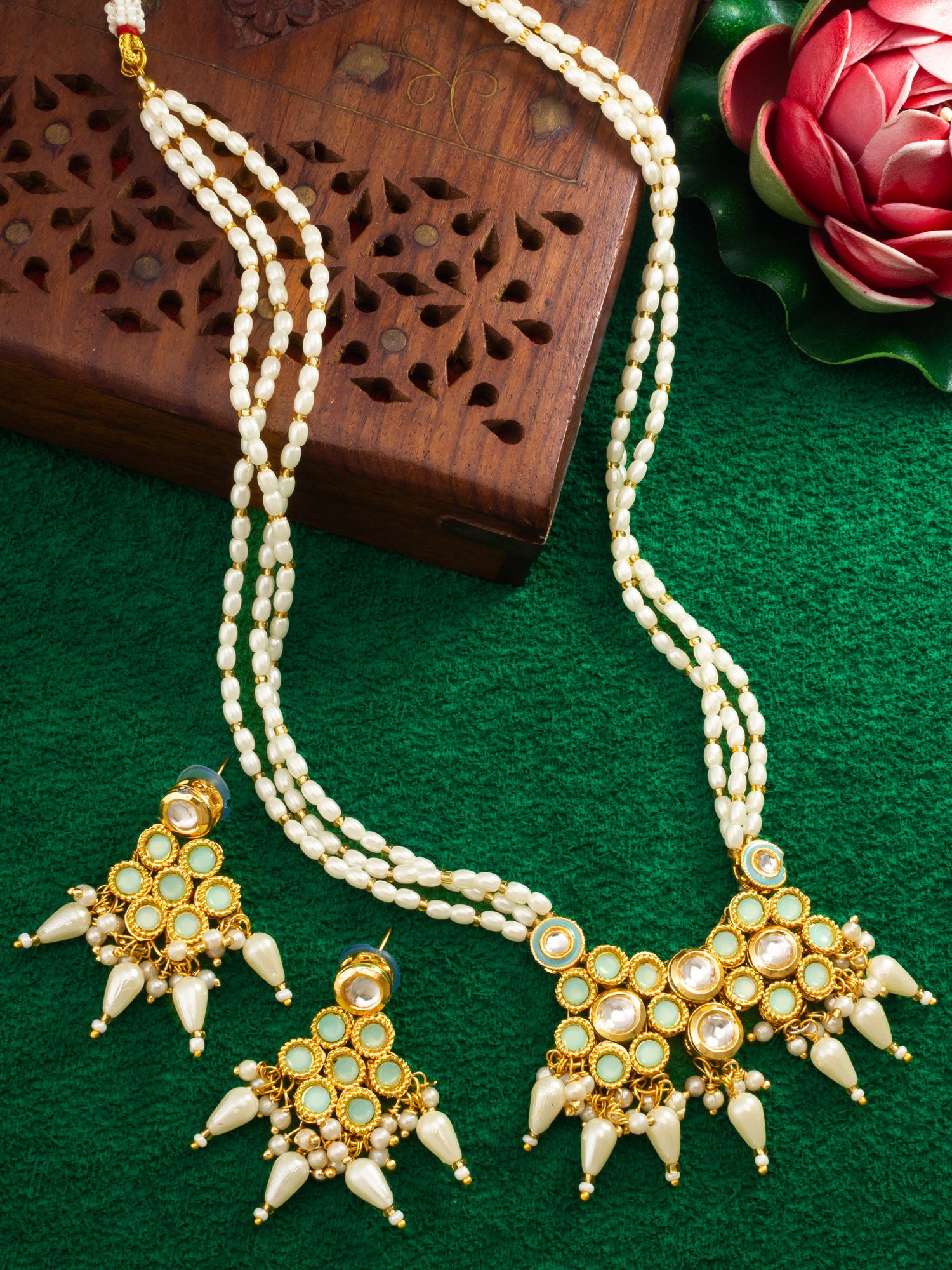 Mint Green & White Kundan Beaded Gold Plated Necklace Set With Earrings – View 5 | Aadita Jewelry