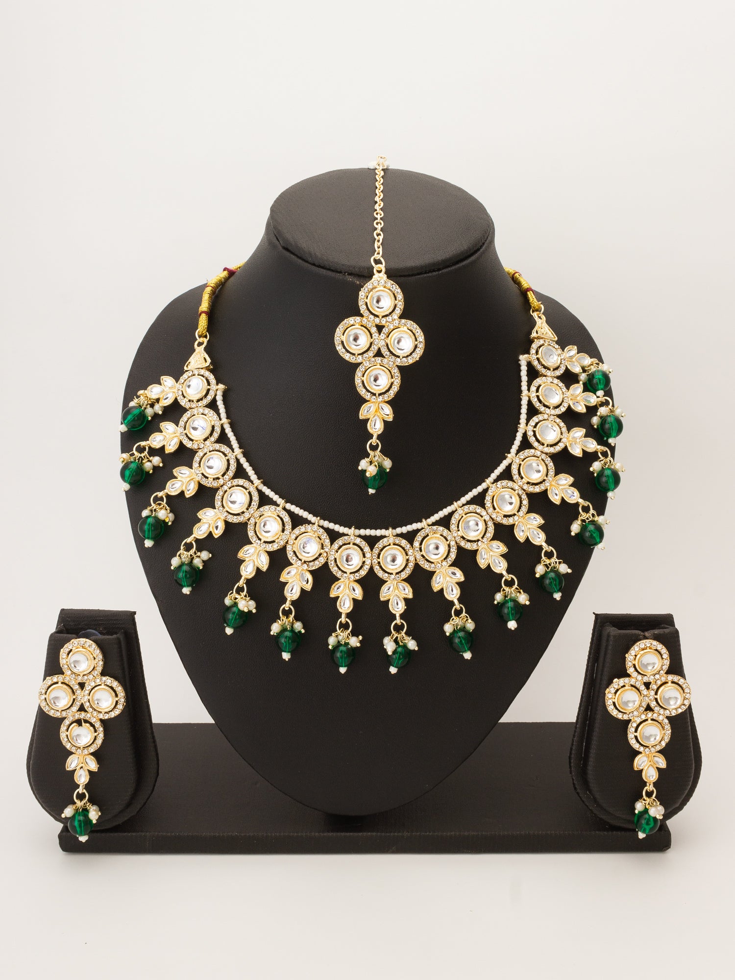 Green Beaded Kundan Choker Necklace Set with Earrings – View 4 | Aadita Jewelry