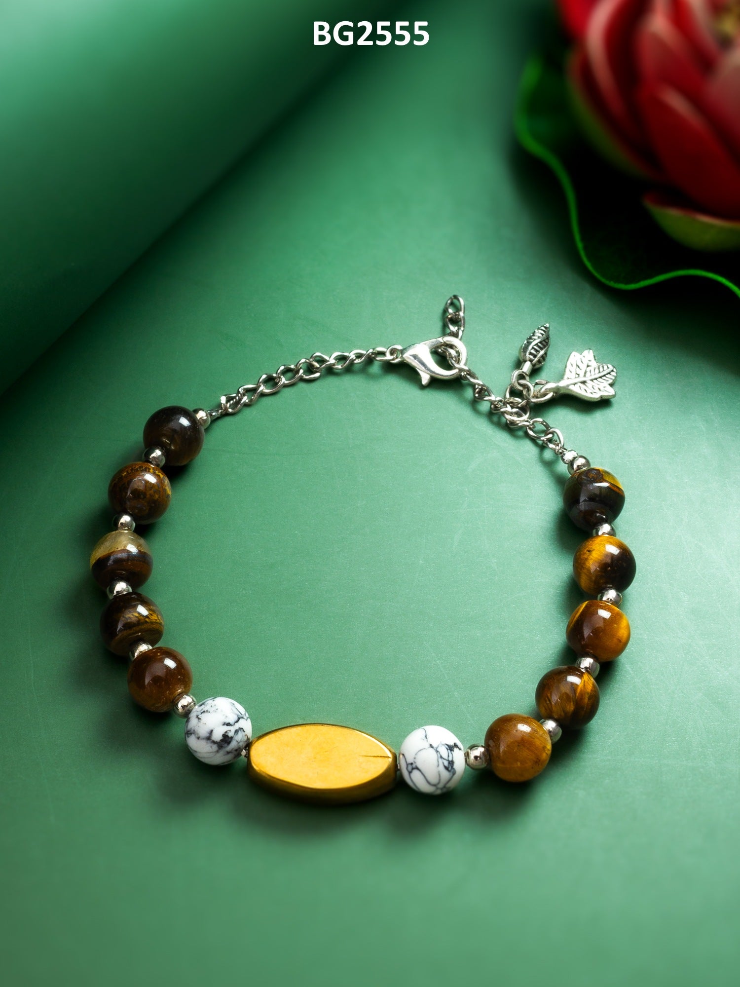 Beaded Bracelet with Howlite Beads and Gold Oval Centerpiece – View 4 | Aadita Jewelry