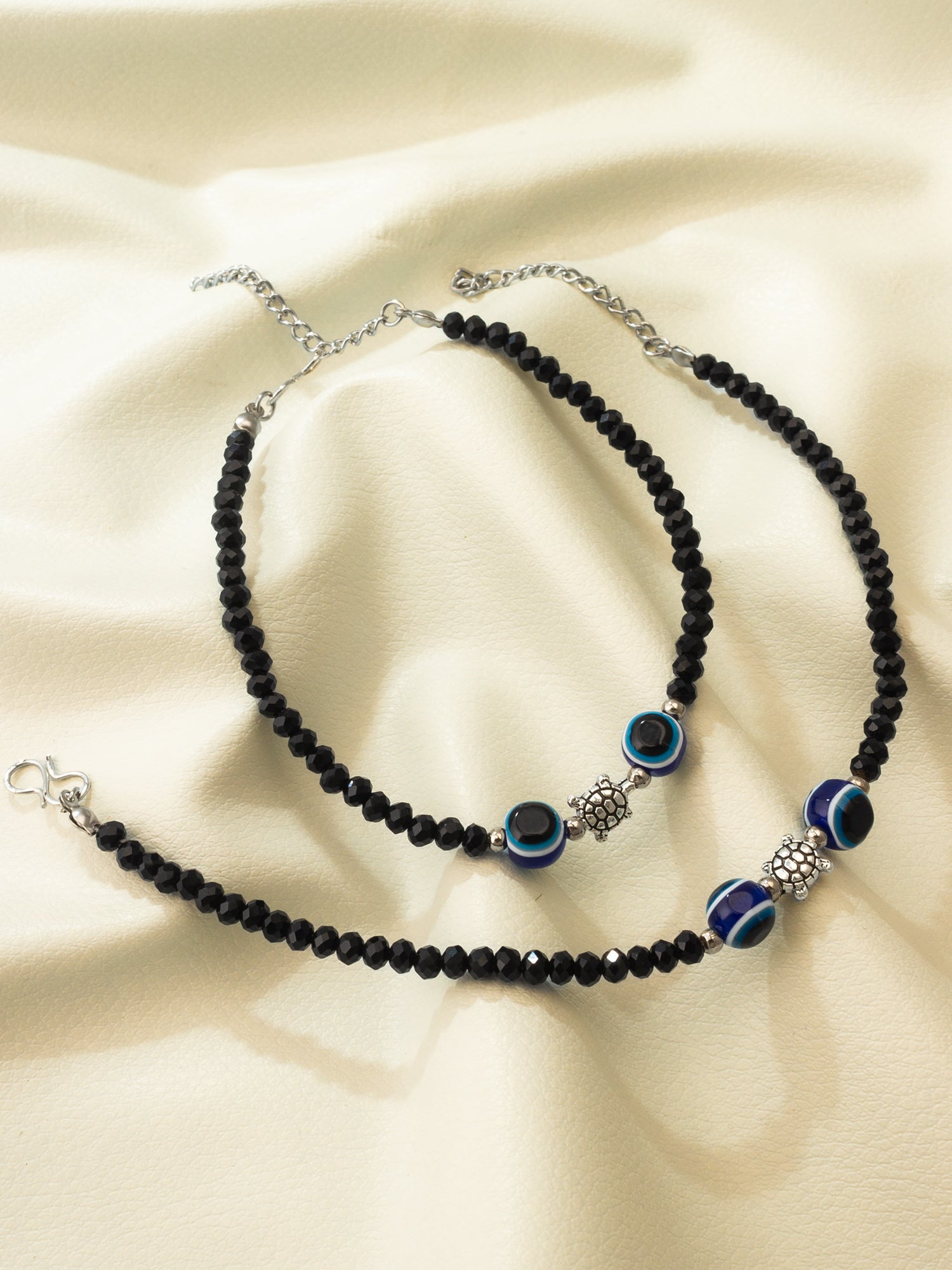 Black Crystal Bead Evil Eye and Turtle Charm Anklet – View 4 | Aadita Jewelry
