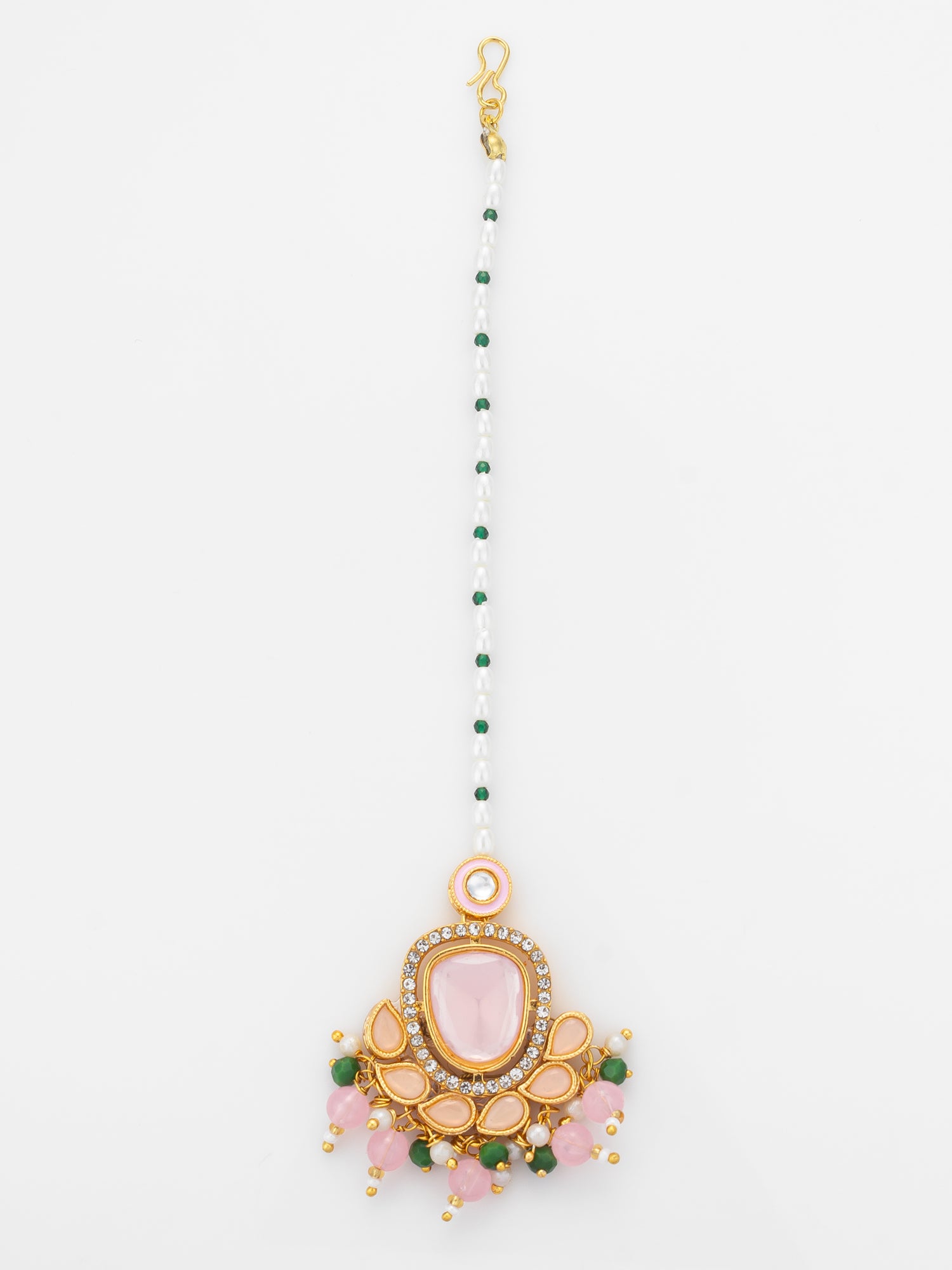 Aadita Gold Plated Large Pink Kundan Pendant Mangtika with Pearl and Green Bead Chain | Aadita Jewelry