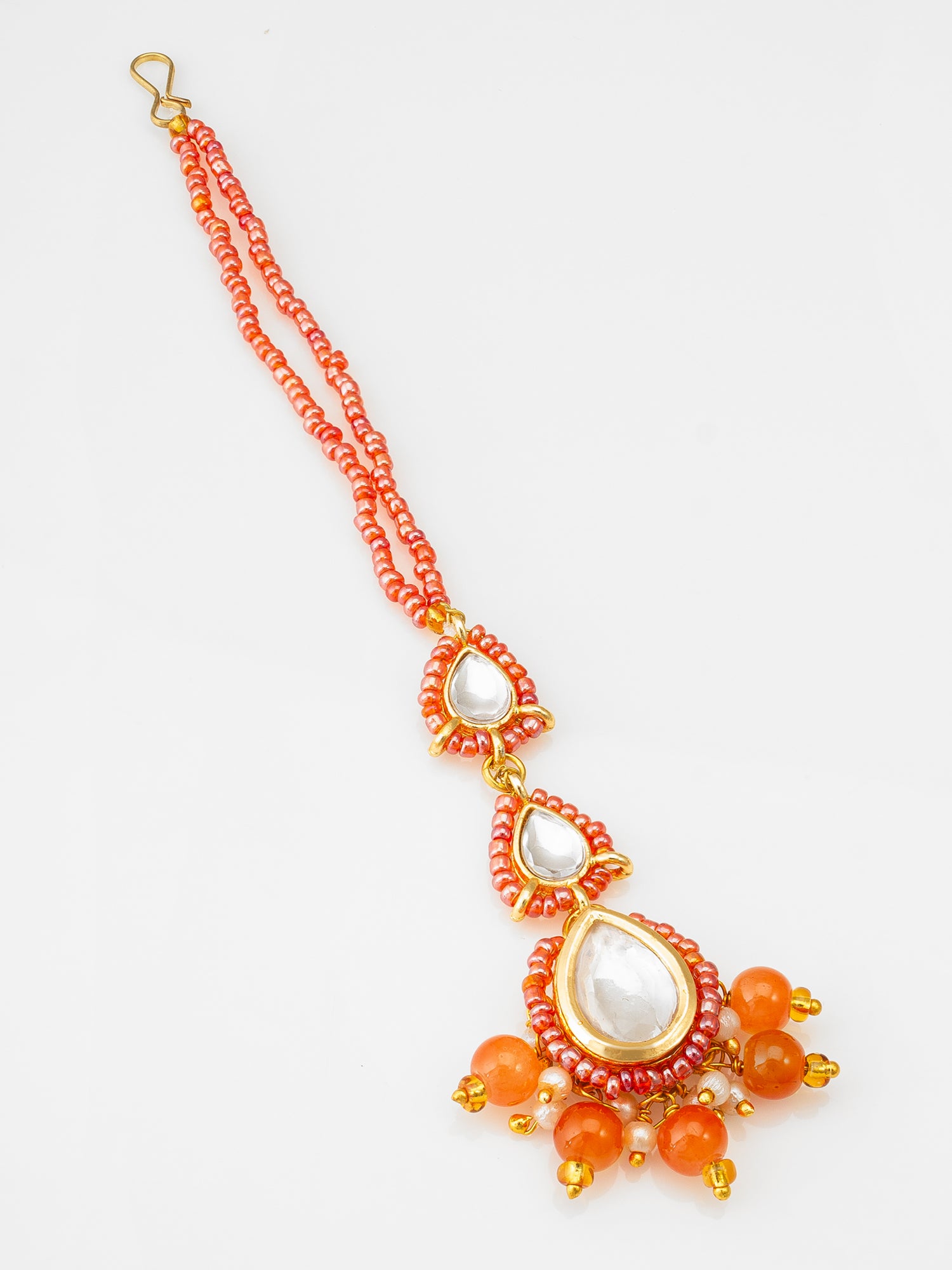 Gold Plated Kundan Pearl Maang Tikka with Orange Beads for Women & Girls | Aadita Jewelry